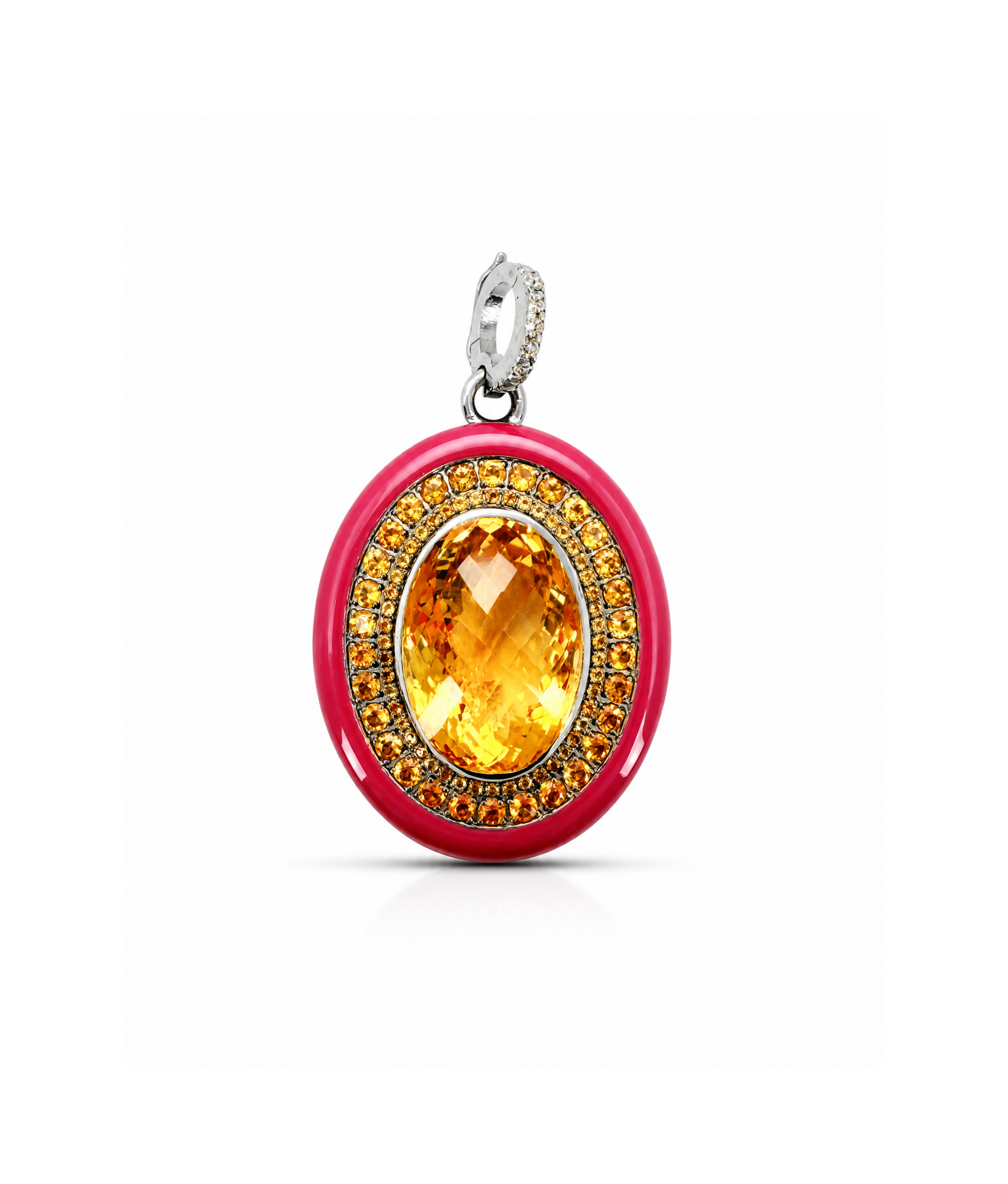 Jewelry pendant with yellow gemstone and red border on white background