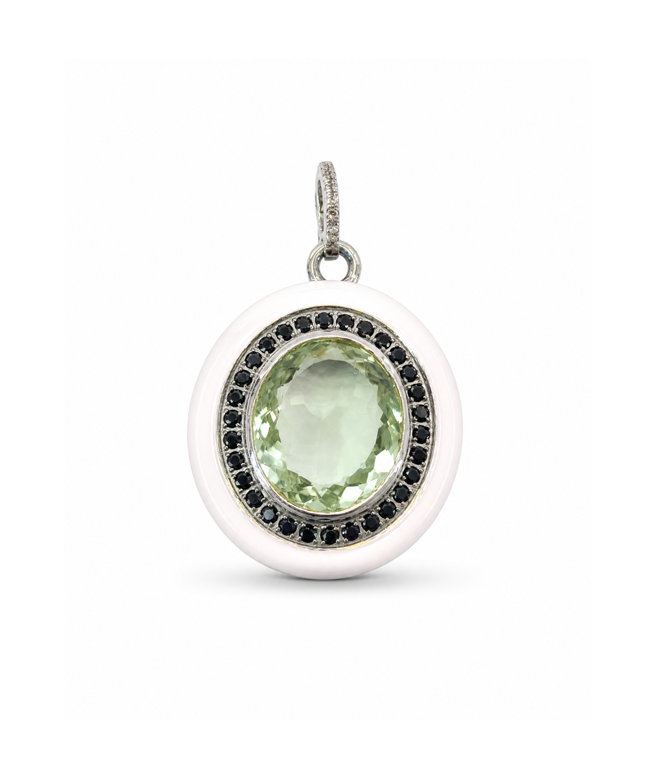Silver pendant with a green gemstone and black accents on a white background
