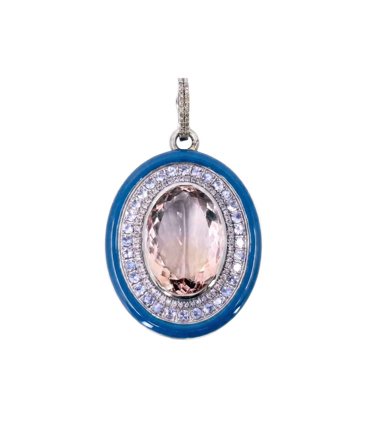 Elegant pendant with a central gemstone and blue border on a white background