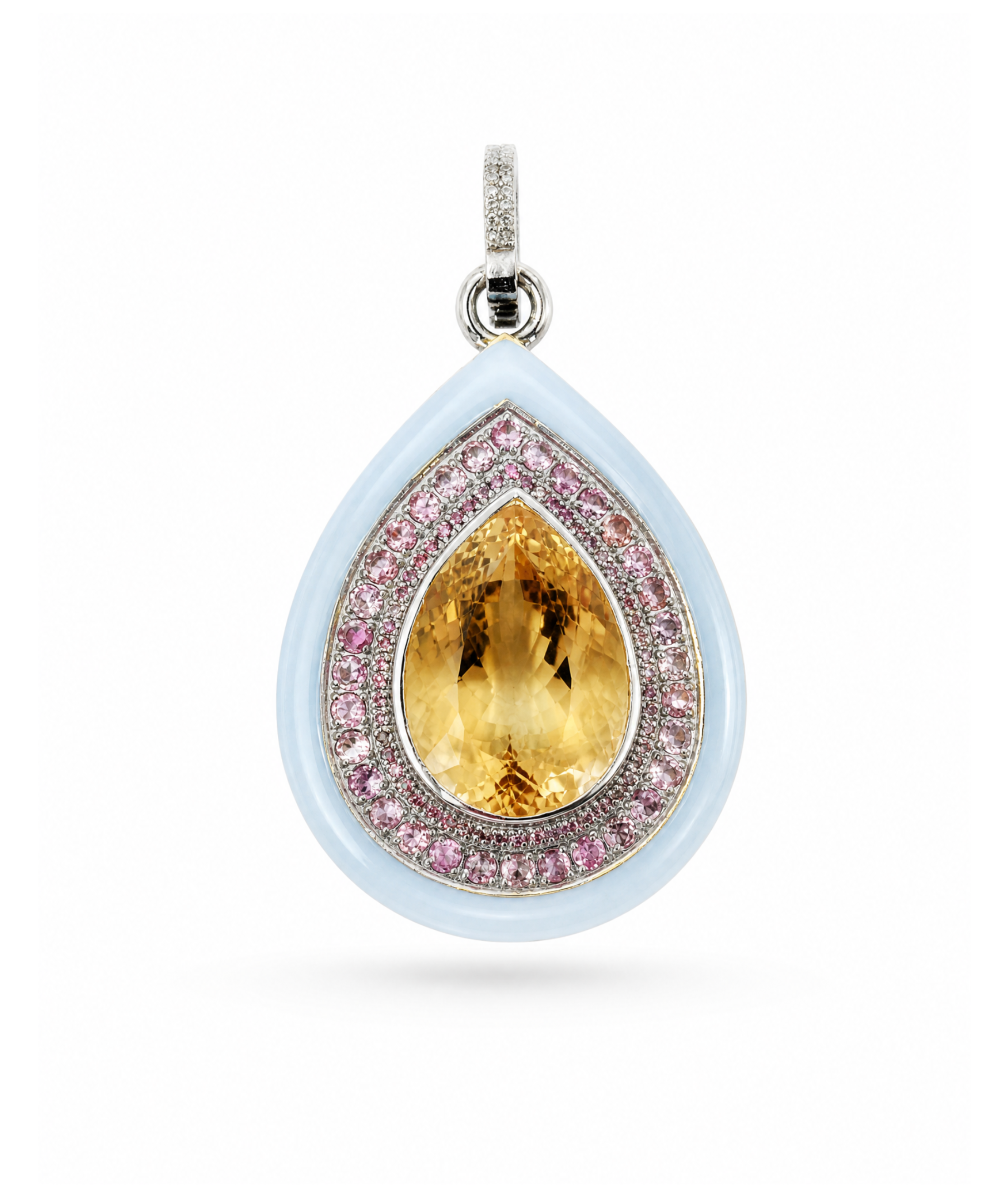 Teardrop-shaped pendant with yellow gemstone and pink accents on a white background