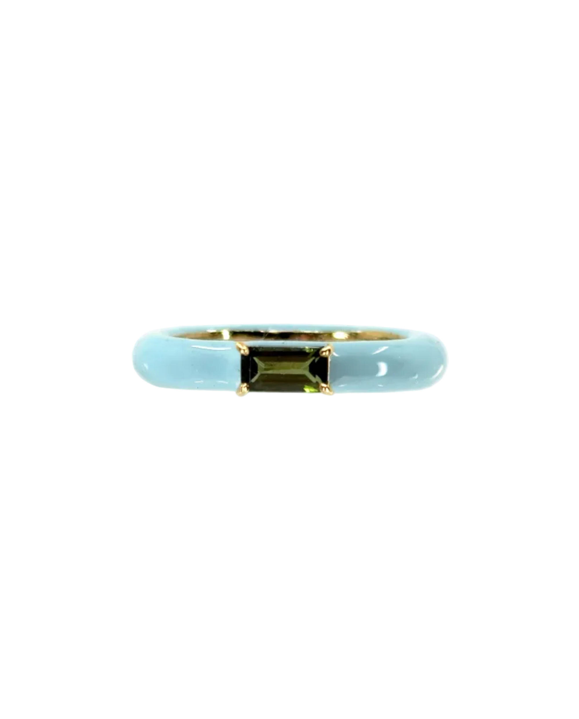 Ring with gold band and light blue cylindrical stones on a white background