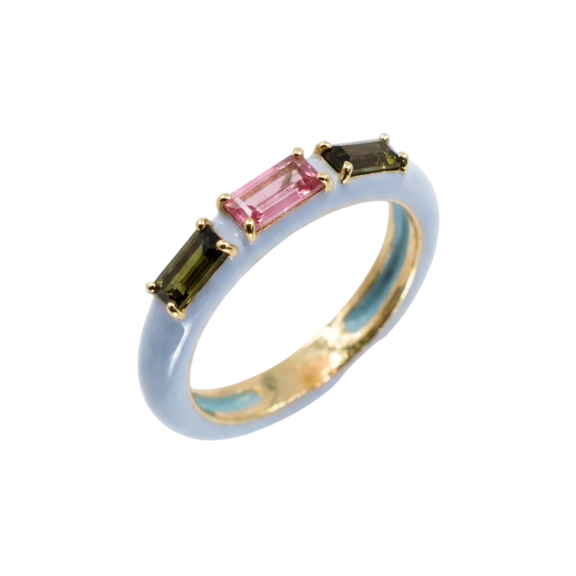 Ring with pink and green gemstones on a white background