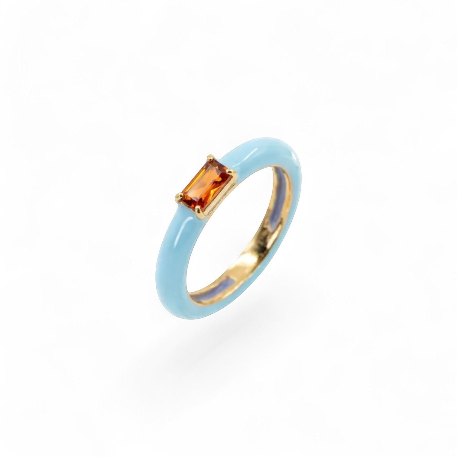 HEILI ROCKS Slice Ring: light blue enamel band with a rectangular orange tourmaline set in sterling silver.