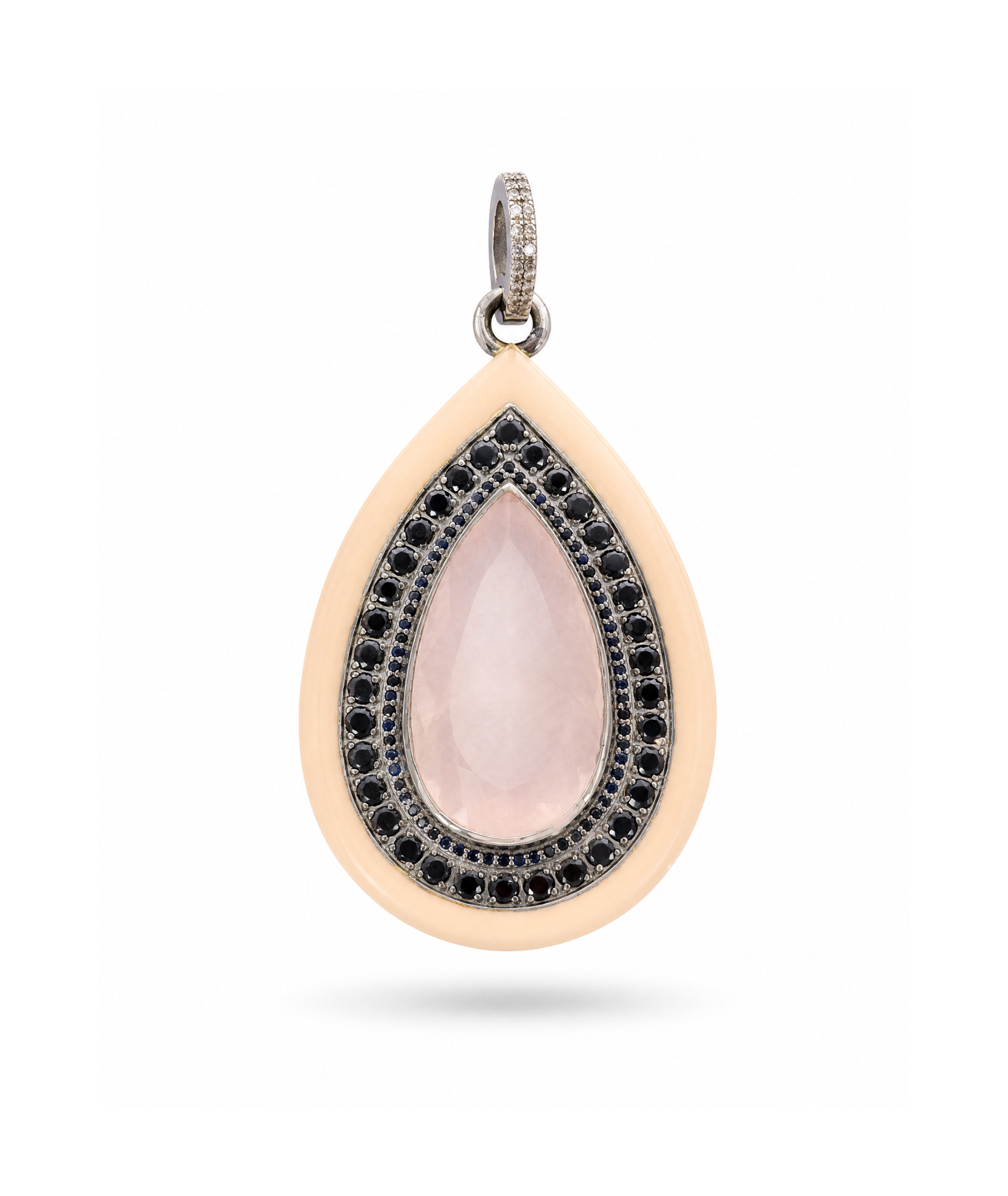 Teardrop-shaped pendant with pink stone and black accents on a white background