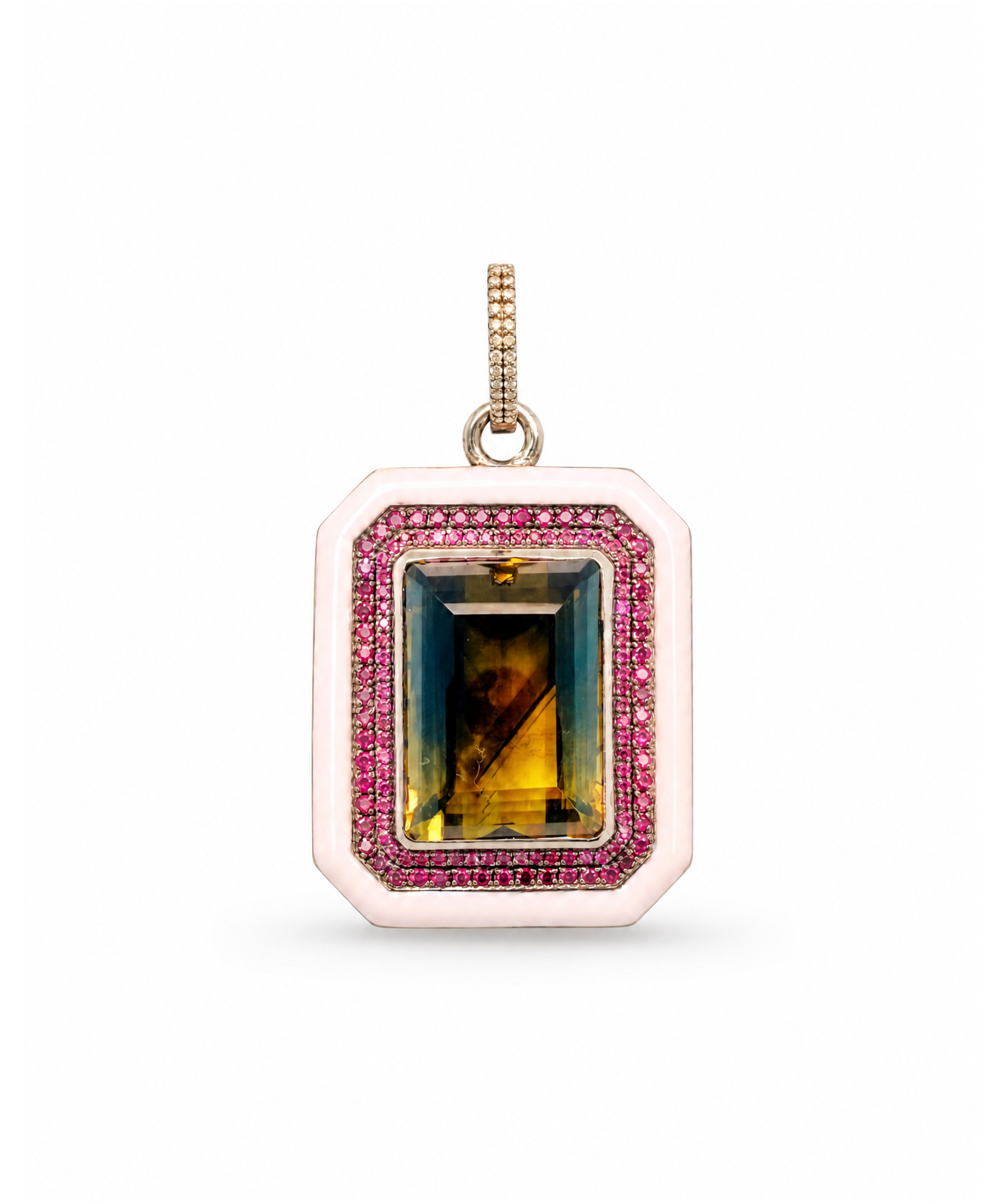 Jewelry pendant with a rectangular gemstone and pink accents on a white background