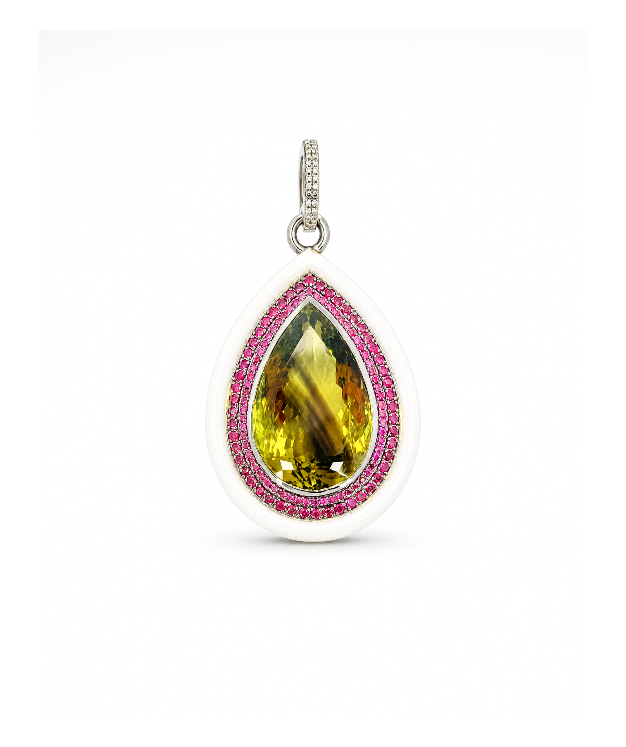 Teardrop-shaped gemstone pendant with pink accents on a white background