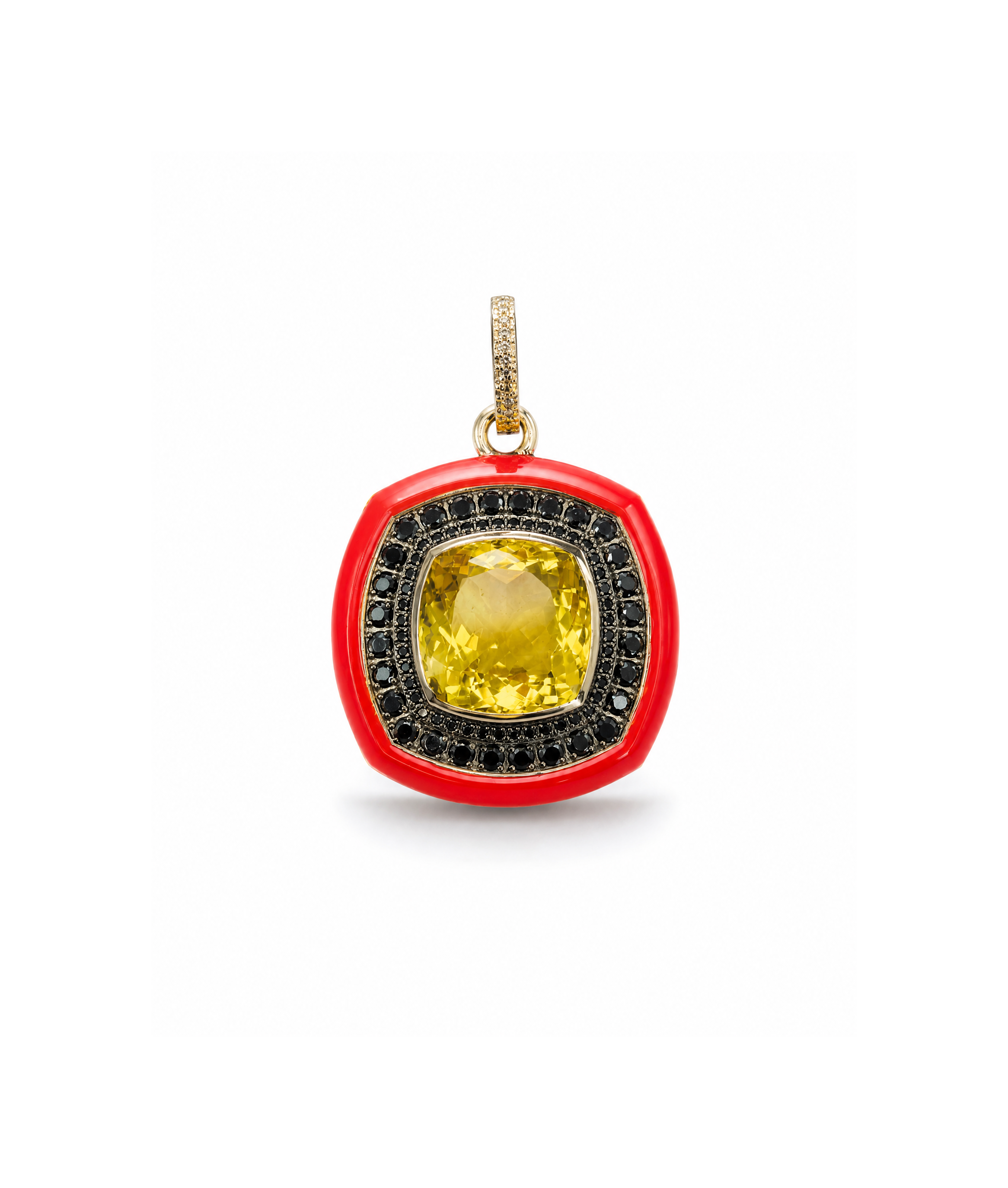 Jewelry pendant with yellow gemstone and red border on a white background