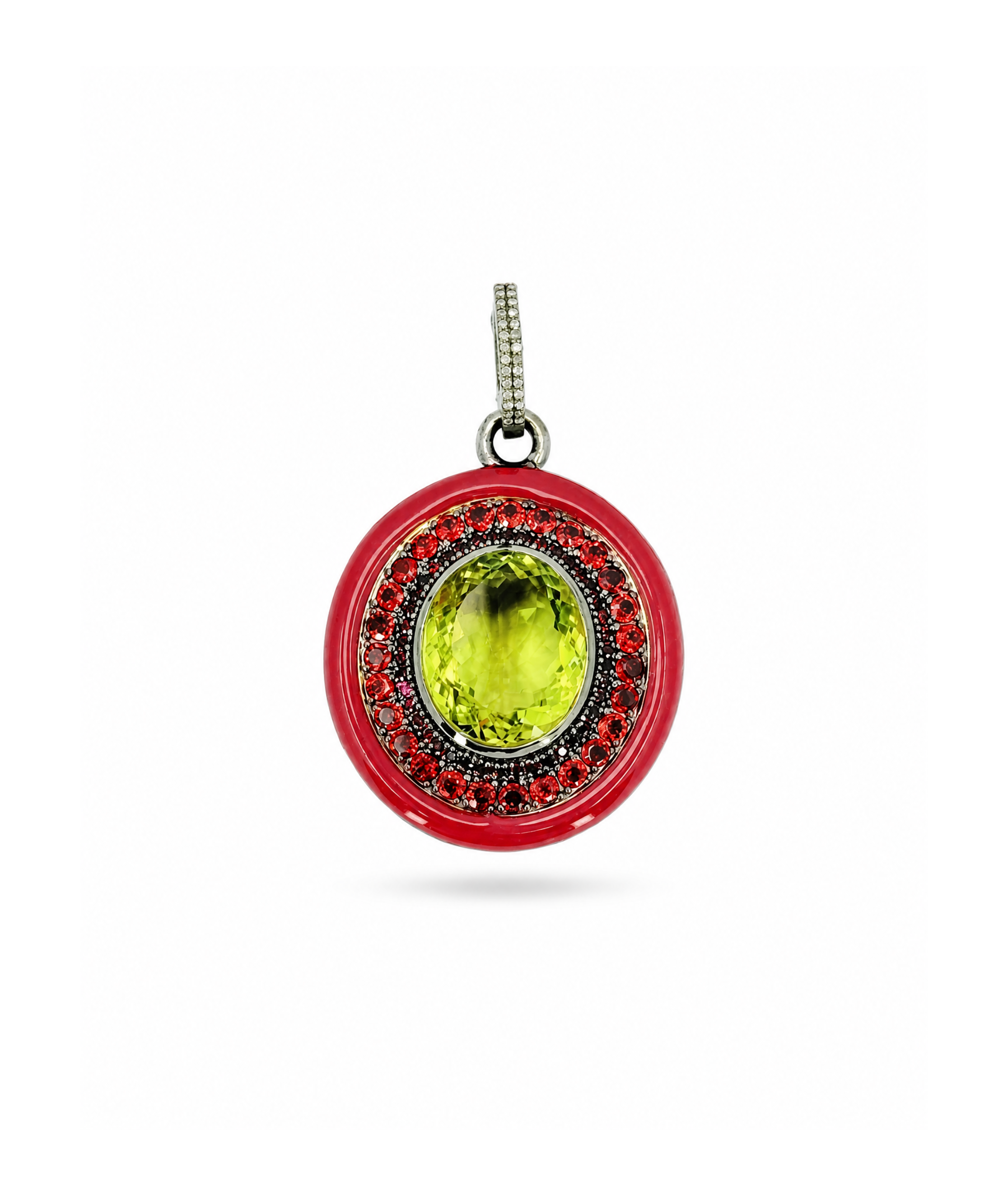 Pendant with a yellow gemstone and red accents on a white background