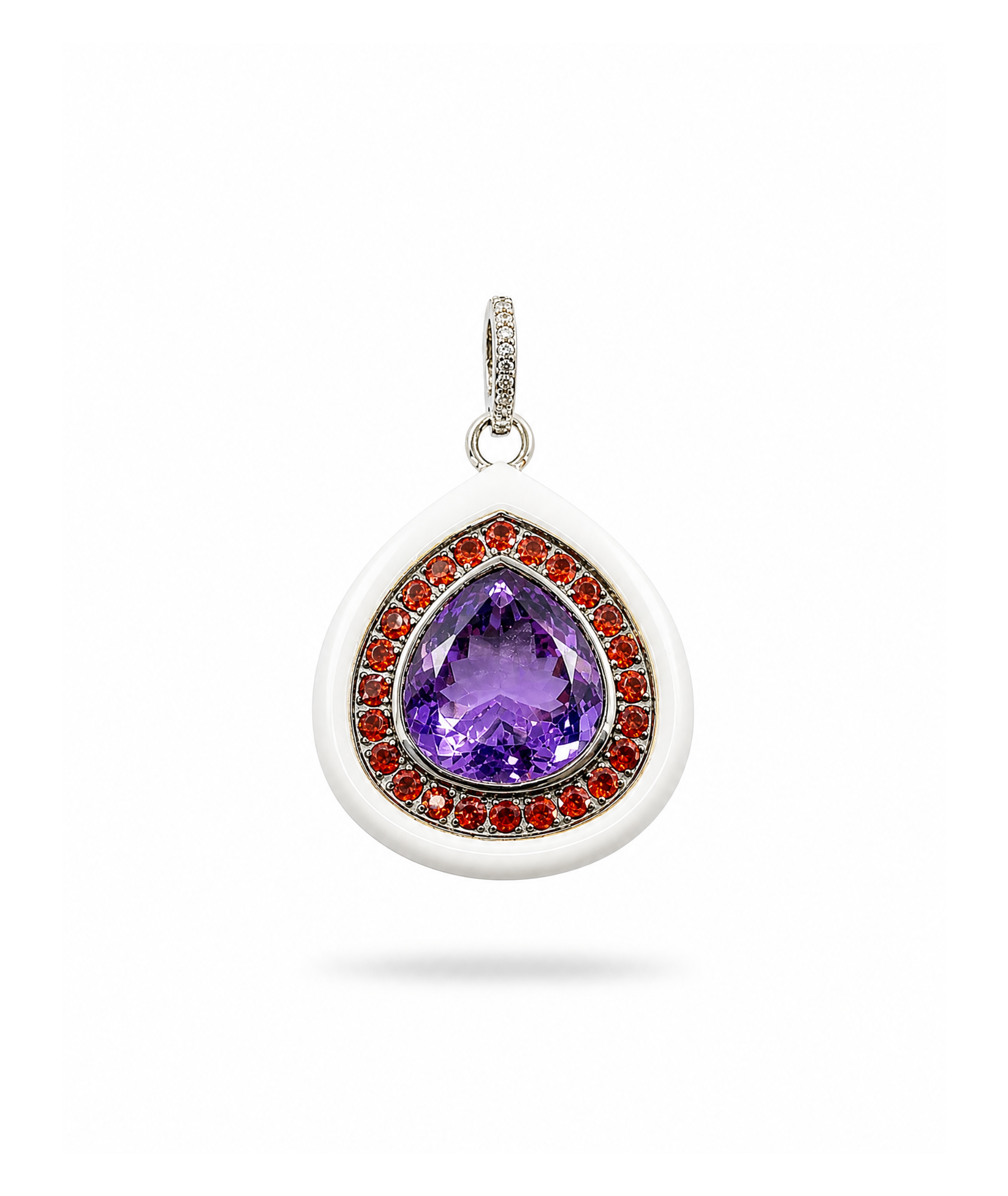 Teardrop-shaped pendant with purple gemstone and red accents on a white background