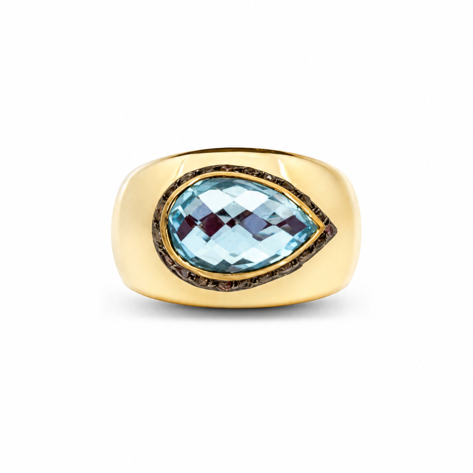 Gold ring with a blue gemstone on a white background