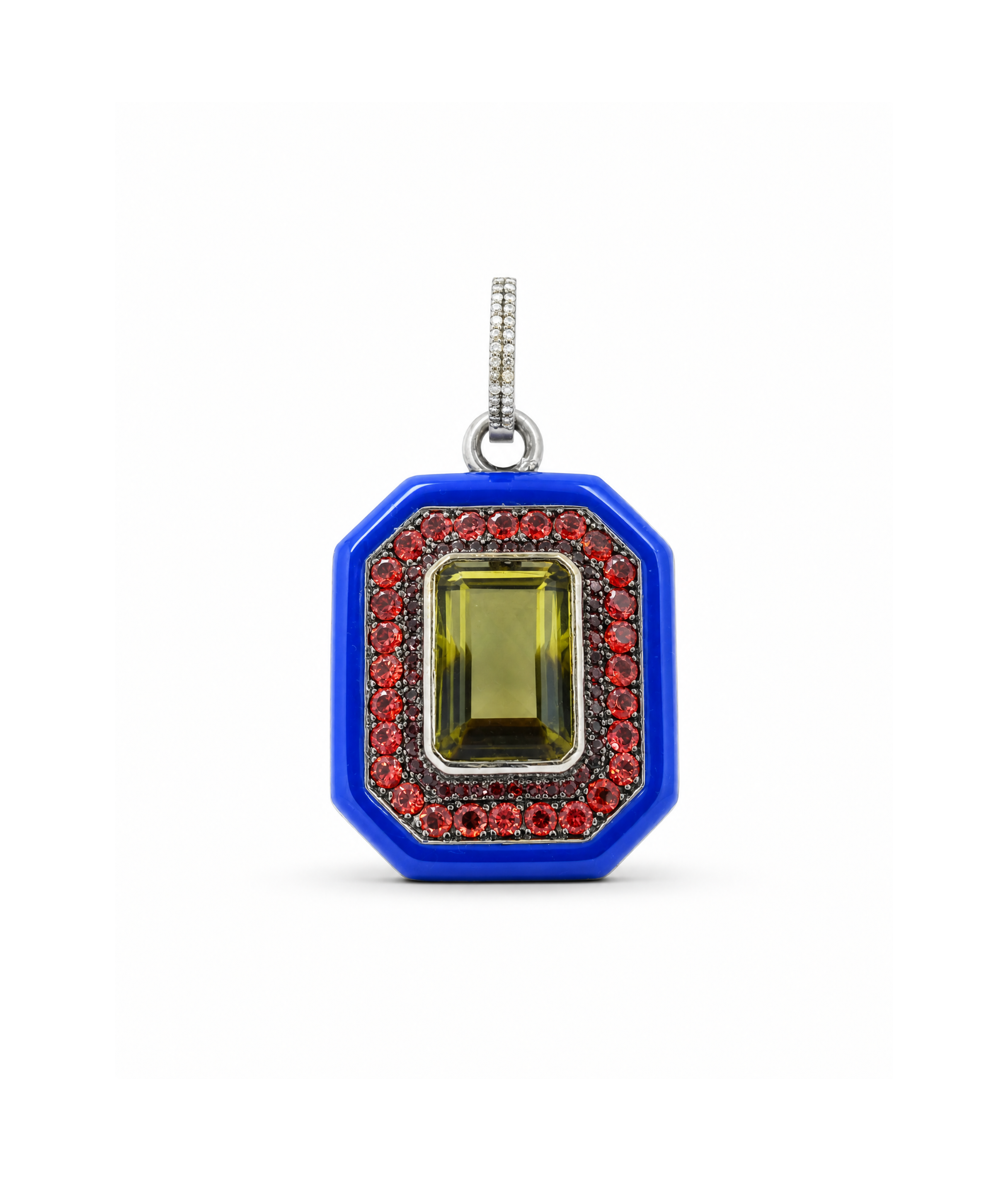 Pendant with a blue border and gemstone on a white background
