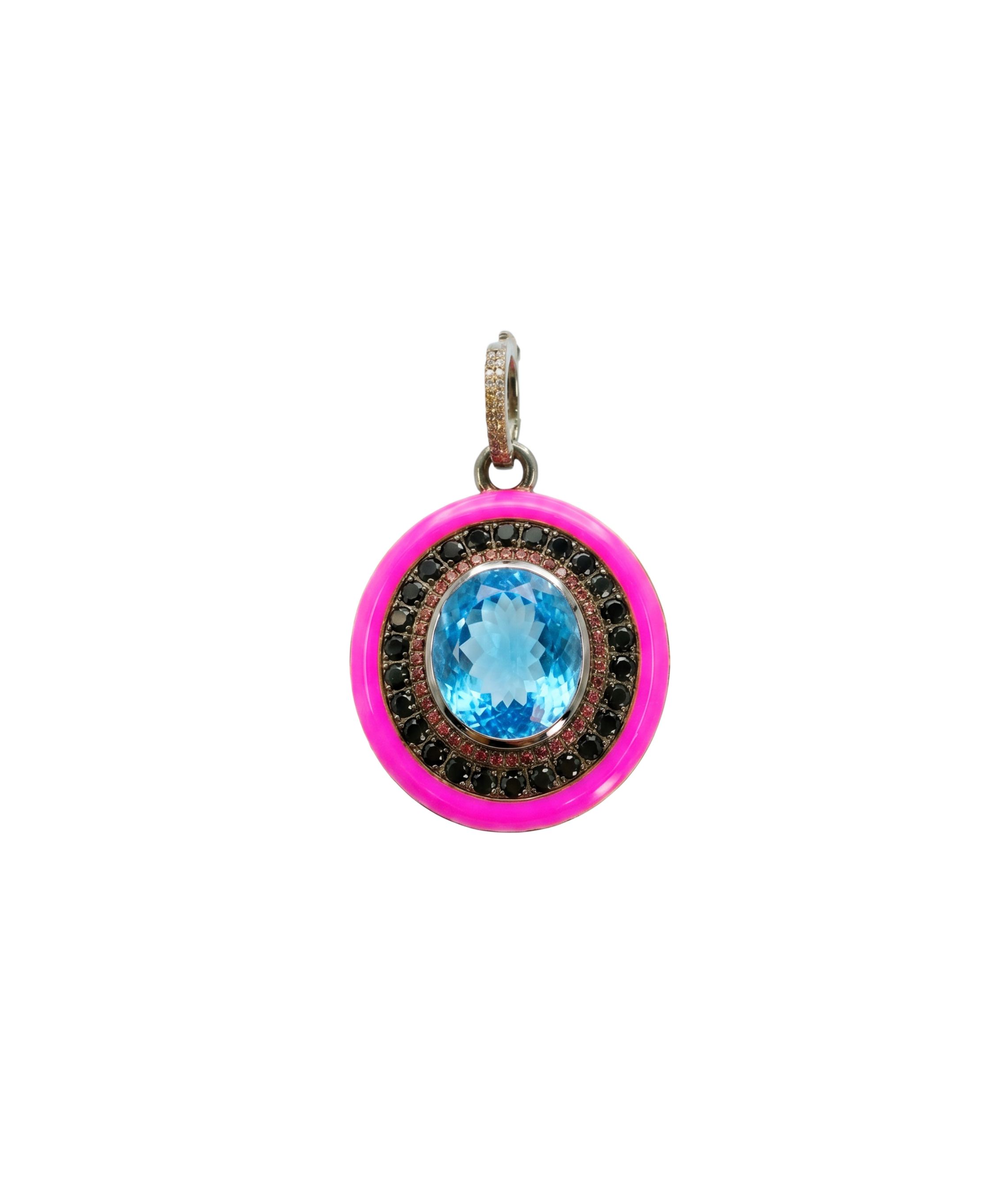 Pendant with blue gemstone and pink border on a white background