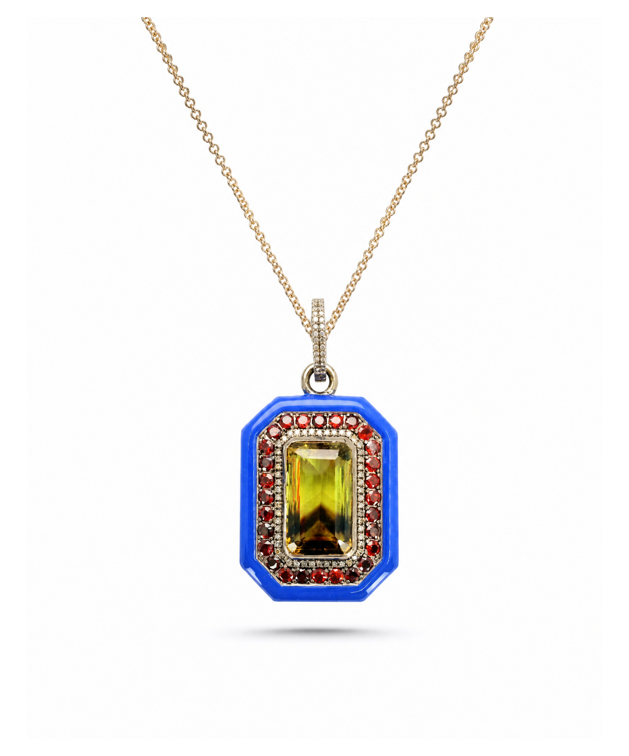 Necklace with a pendant featuring a yellow gemstone and smaller colored stones on a white background