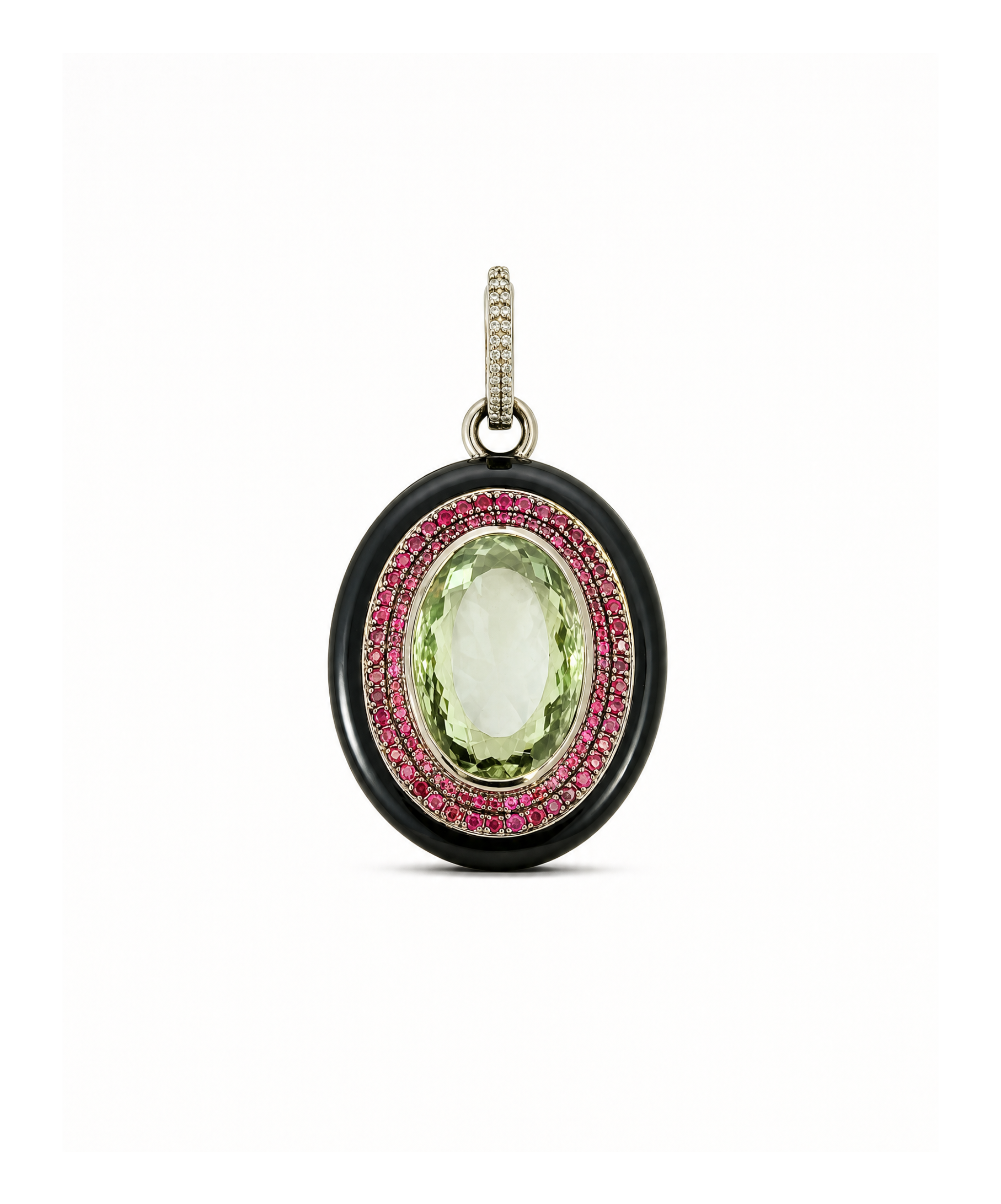 Jewelry pendant with green gemstone and pink stones on a white background