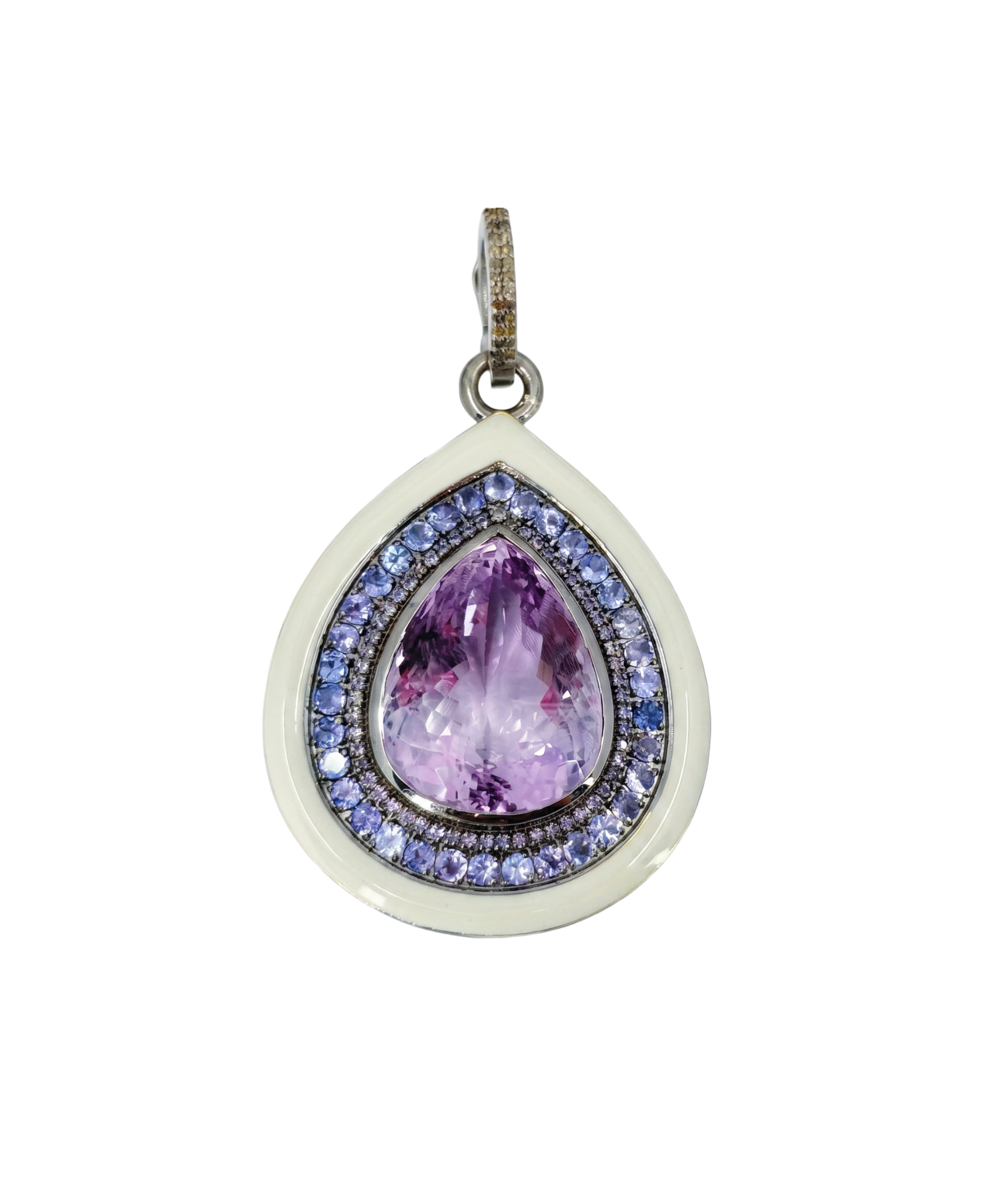Teardrop-shaped pendant with purple gemstone and blue accents on a white background