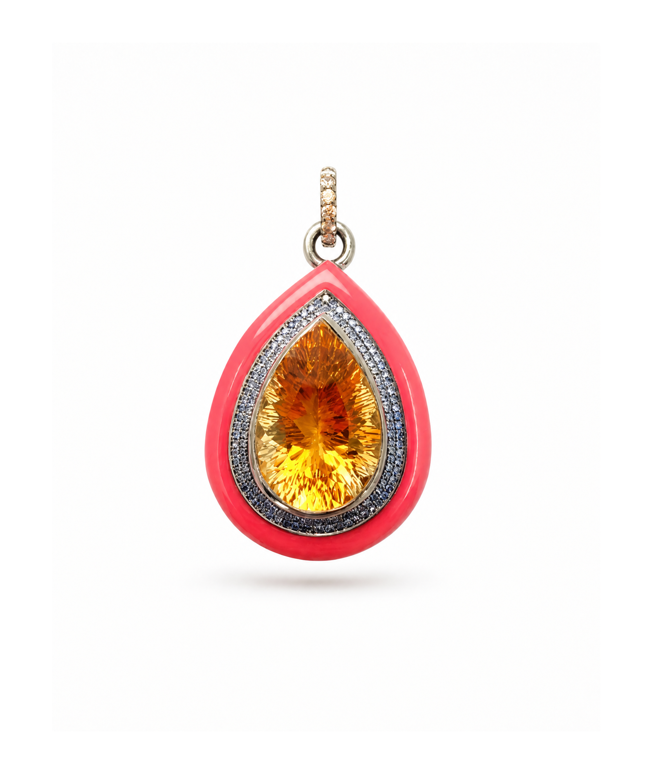 Teardrop-shaped pendant with yellow gemstone and red border on a white background