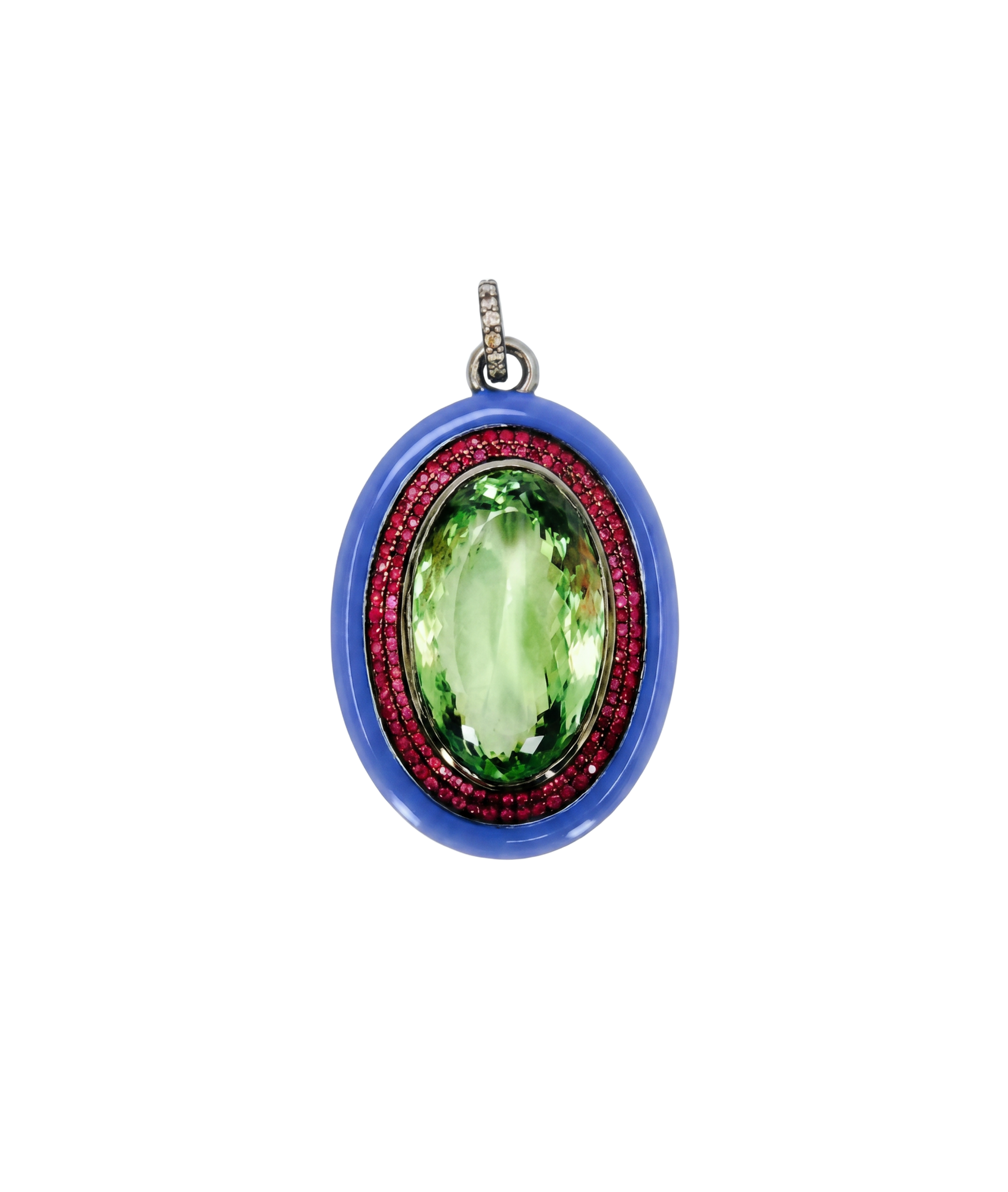 Jewelry pendant with green gemstone and red accents on a white background