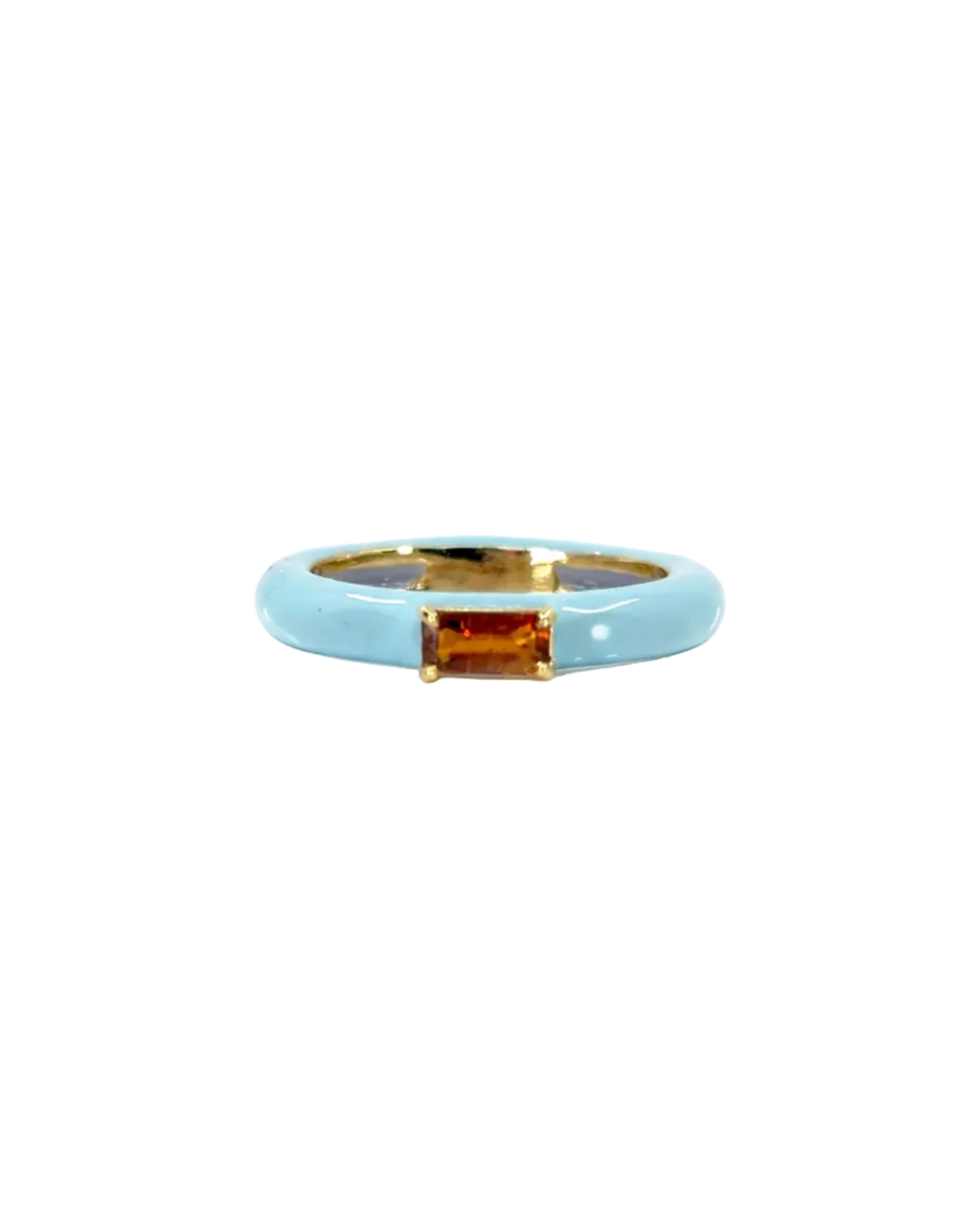 Ring with a blue band and gold accent on a white background
