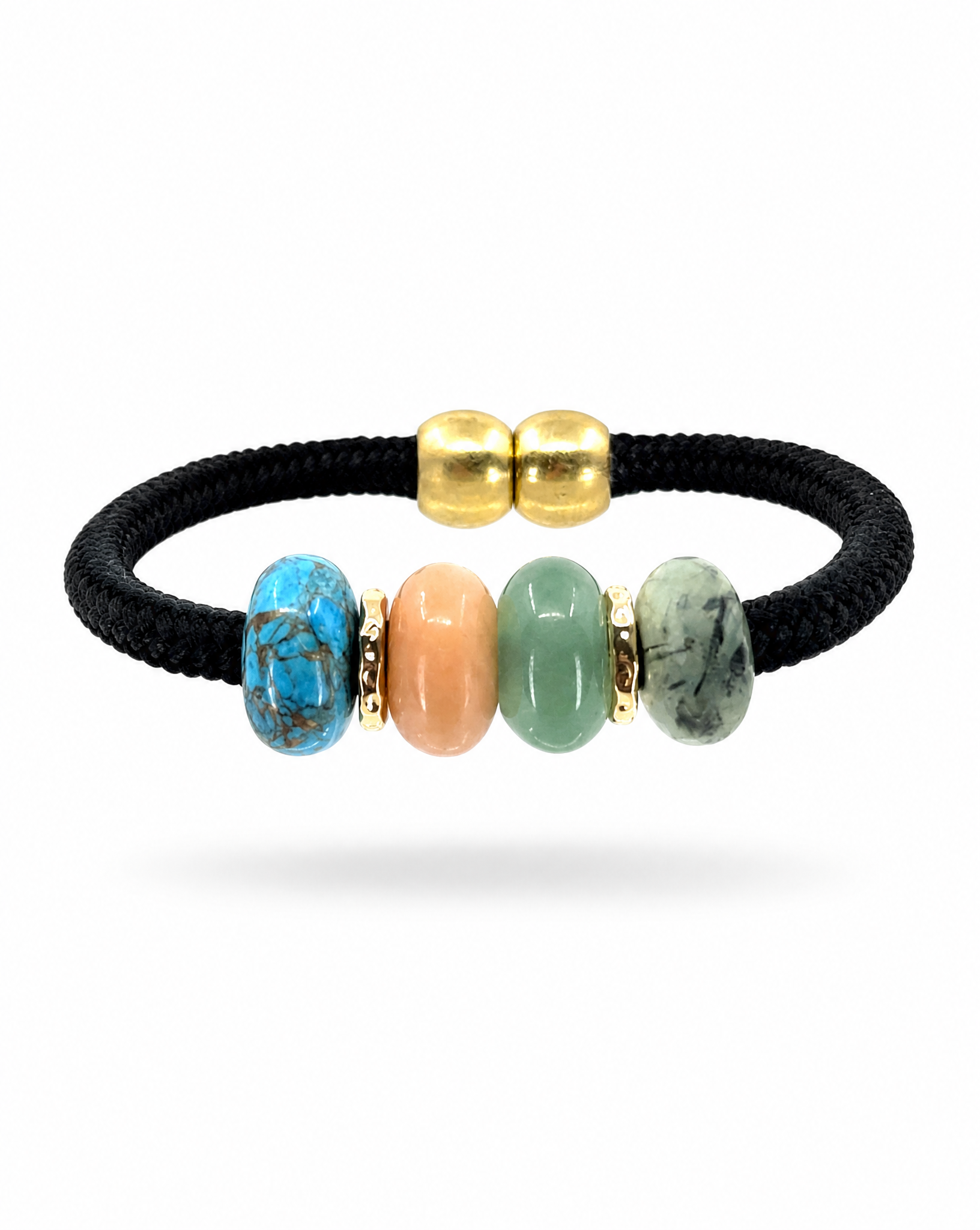 A black braided cord bracelet featuring four smooth, polished stone beads in blue, peach, mint green, and gray, separated by small gold spacer rings.