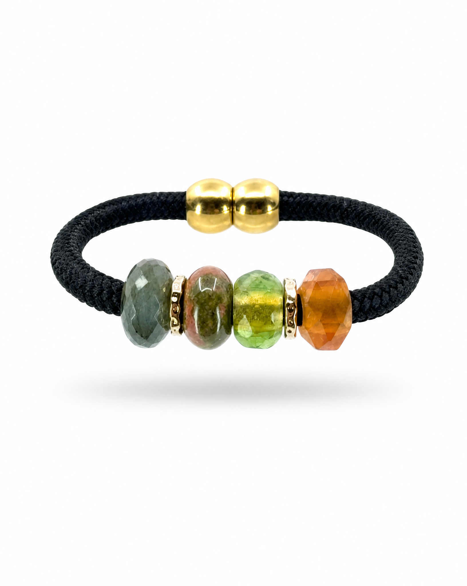 A black braided cord bracelet featuring four faceted gemstone beads in green, brown, yellow, and orange, separated by small gold spacer rings and accented by two gold round beads at the closure.