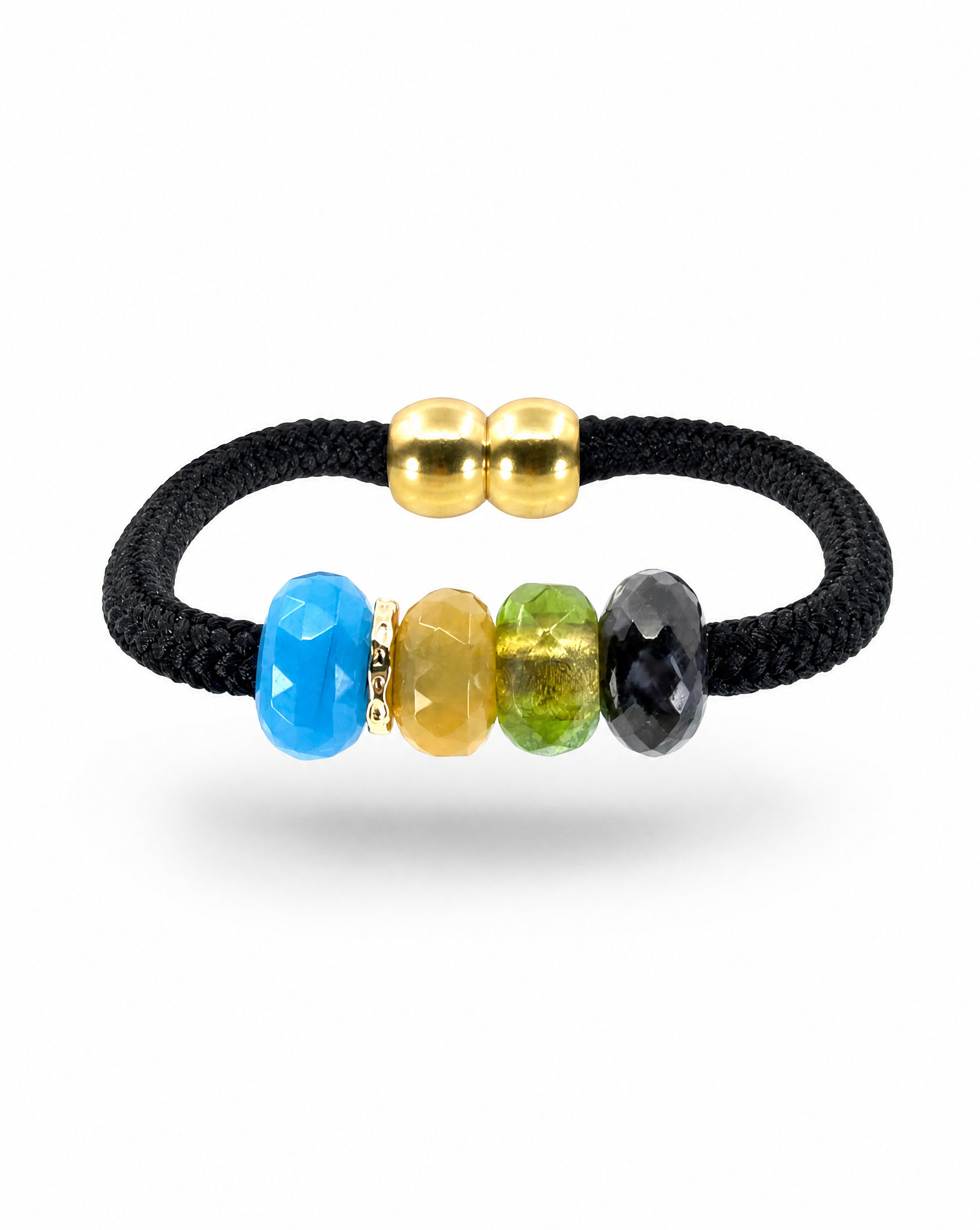 A black braided cord bracelet featuring three gold-toned round beads and a row of five faceted gemstone beads in blue, yellow, green, and black, displayed on a clean white background.