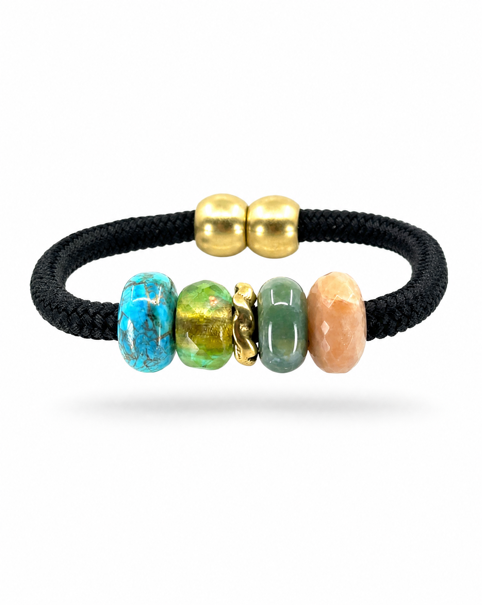 A black braided cord bracelet featuring five colorful spacer beads in turquoise blue, green, gold, green, and peach, with two gold metal beads at the back, shown on a white background.