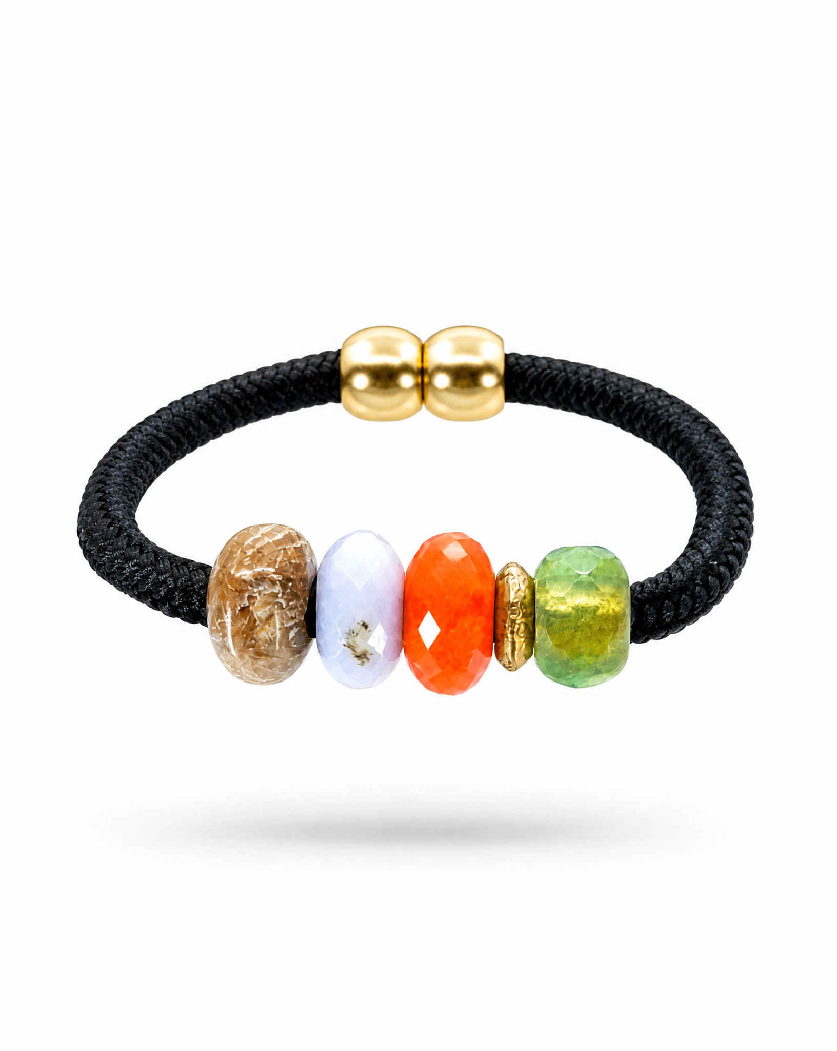 A black braided cord bracelet featuring five colorful, textured beads in brown, white, orange, green, and gold, with two gold spacer beads at the back, shown on a white background.
