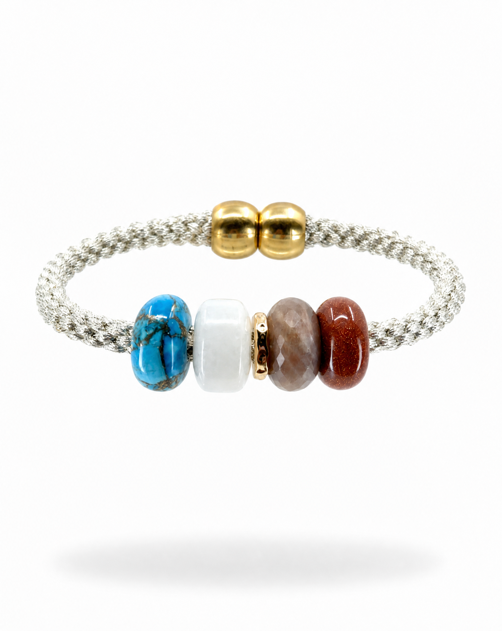 A braided cord bracelet with four polished stone beads in blue, white, brown, and reddish-brown, accented by two gold spacer beads at the closure, shown on a white background.
