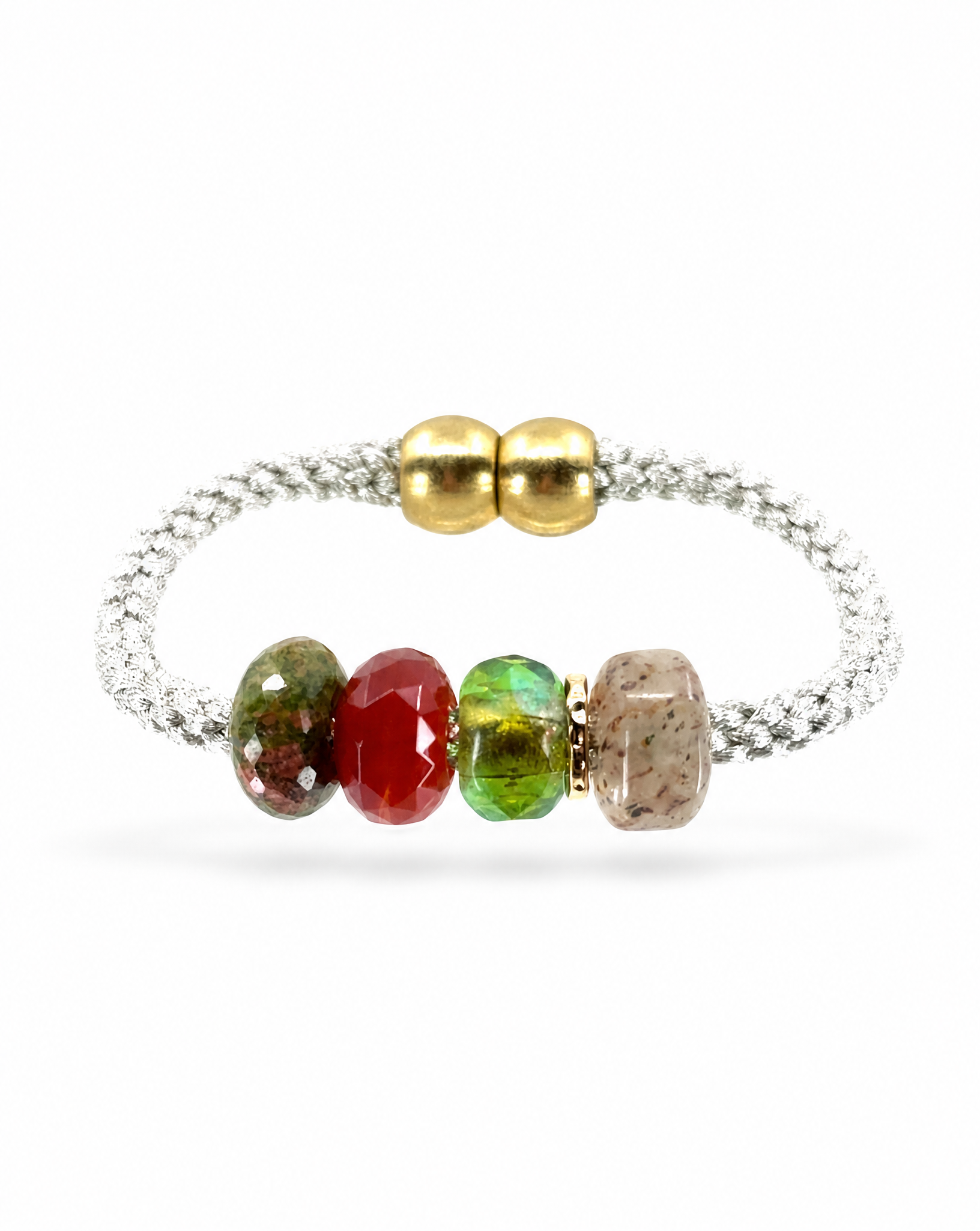A silver braided cord bracelet featuring four colorful gemstone beads in red, green, and beige, accented by two polished gold beads at the closure, shown on a white background.