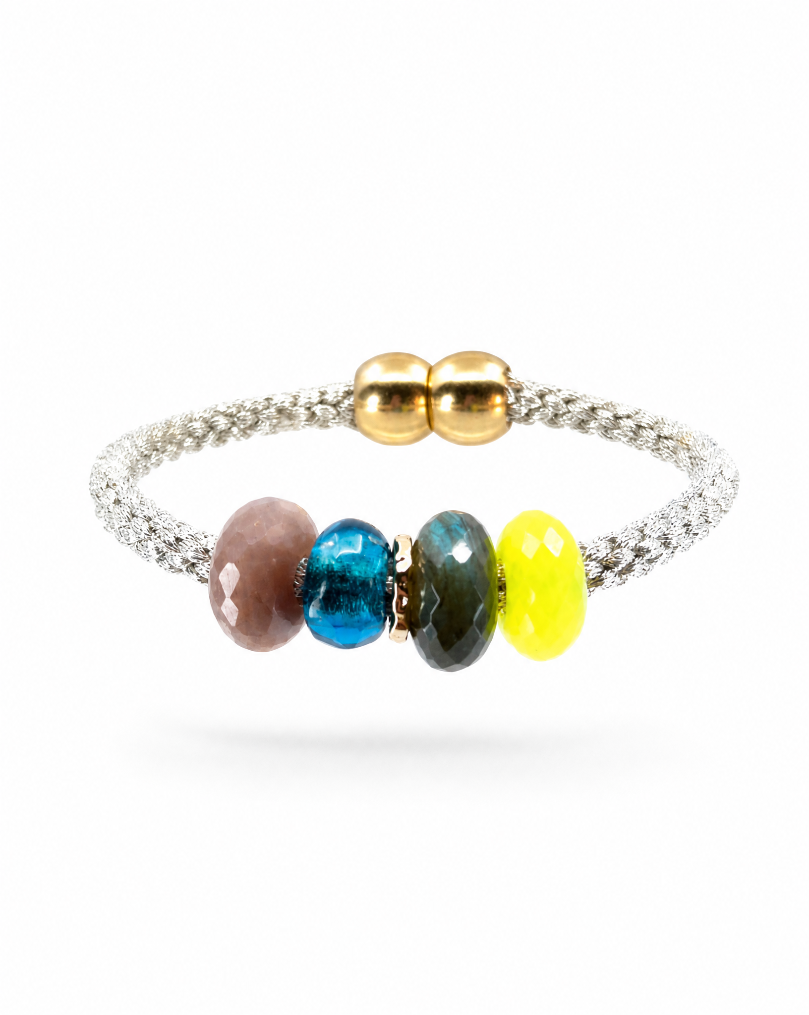 A silver-toned beaded stretch bracelet featuring five colorful faceted beads in brown, blue, green, yellow, and orange, accented by two gold-toned beads at the clasp, shown on a white background.