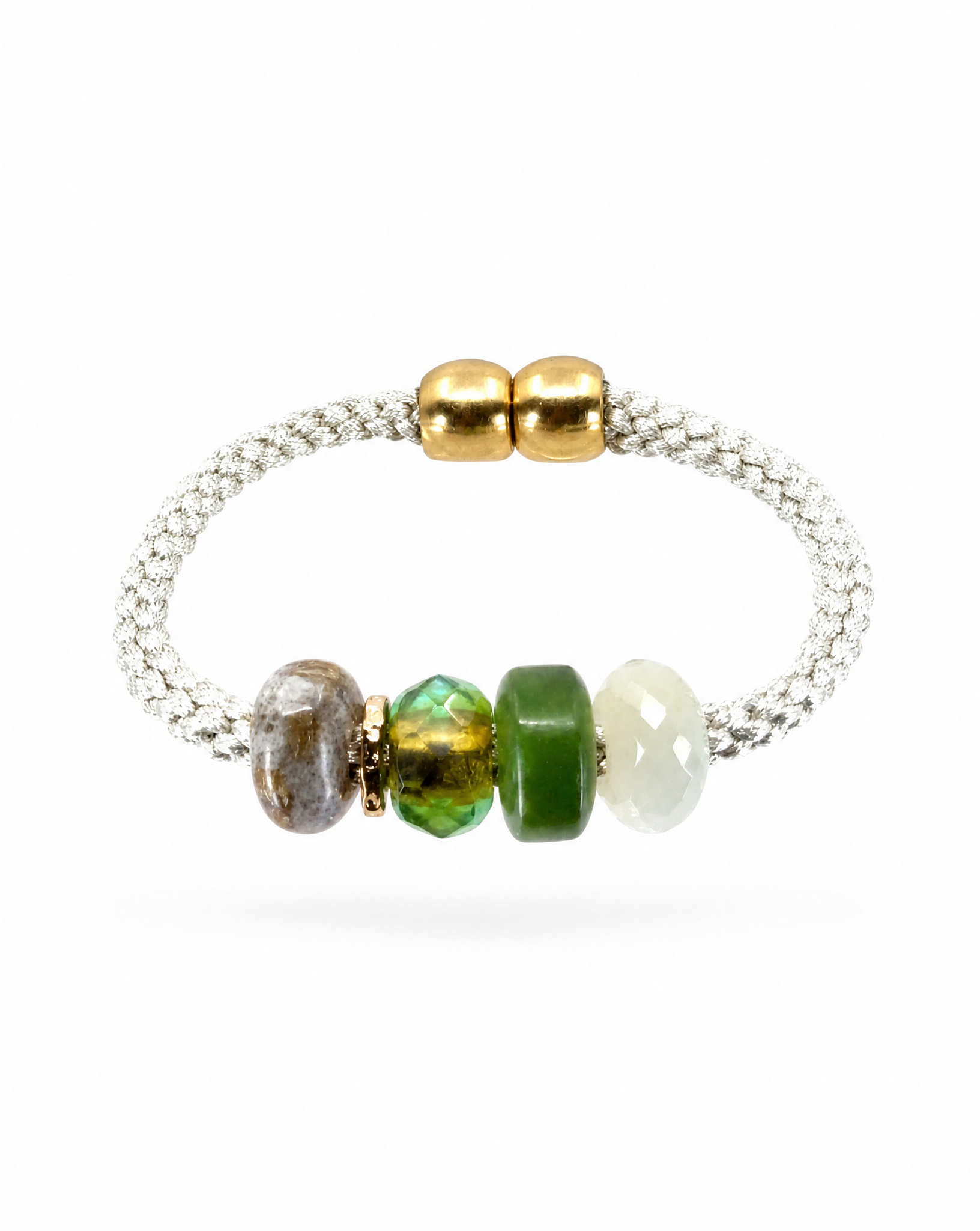 A silver beaded bracelet with two gold magnetic clasps and four decorative beads in brown, green, and white, shown on a white background.