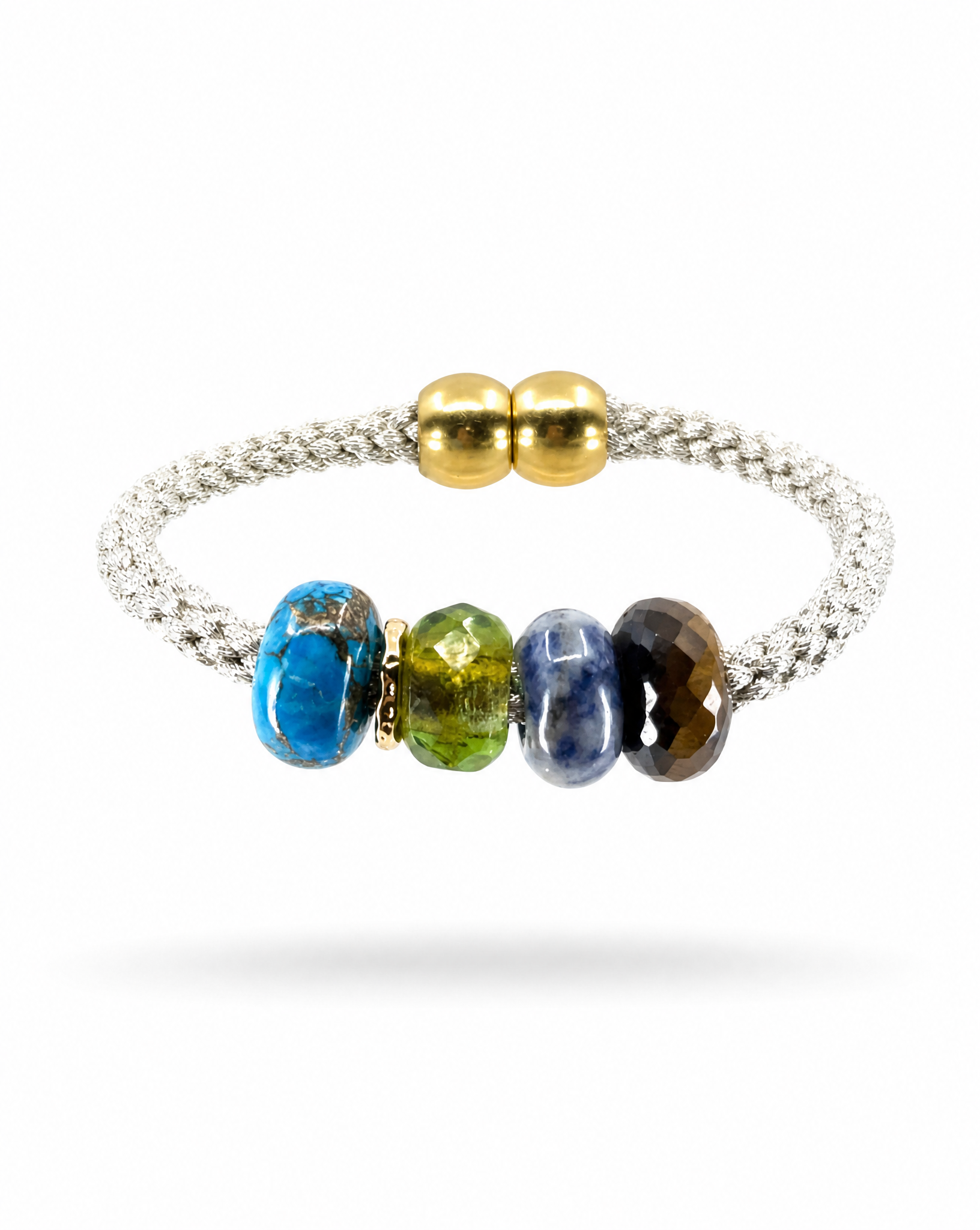 A silver braided cuff bracelet featuring four colorful faceted glass beads in blue, green, dark blue, and brown, accented by two polished gold sliding toggle beads at the closure, shown on a white background.