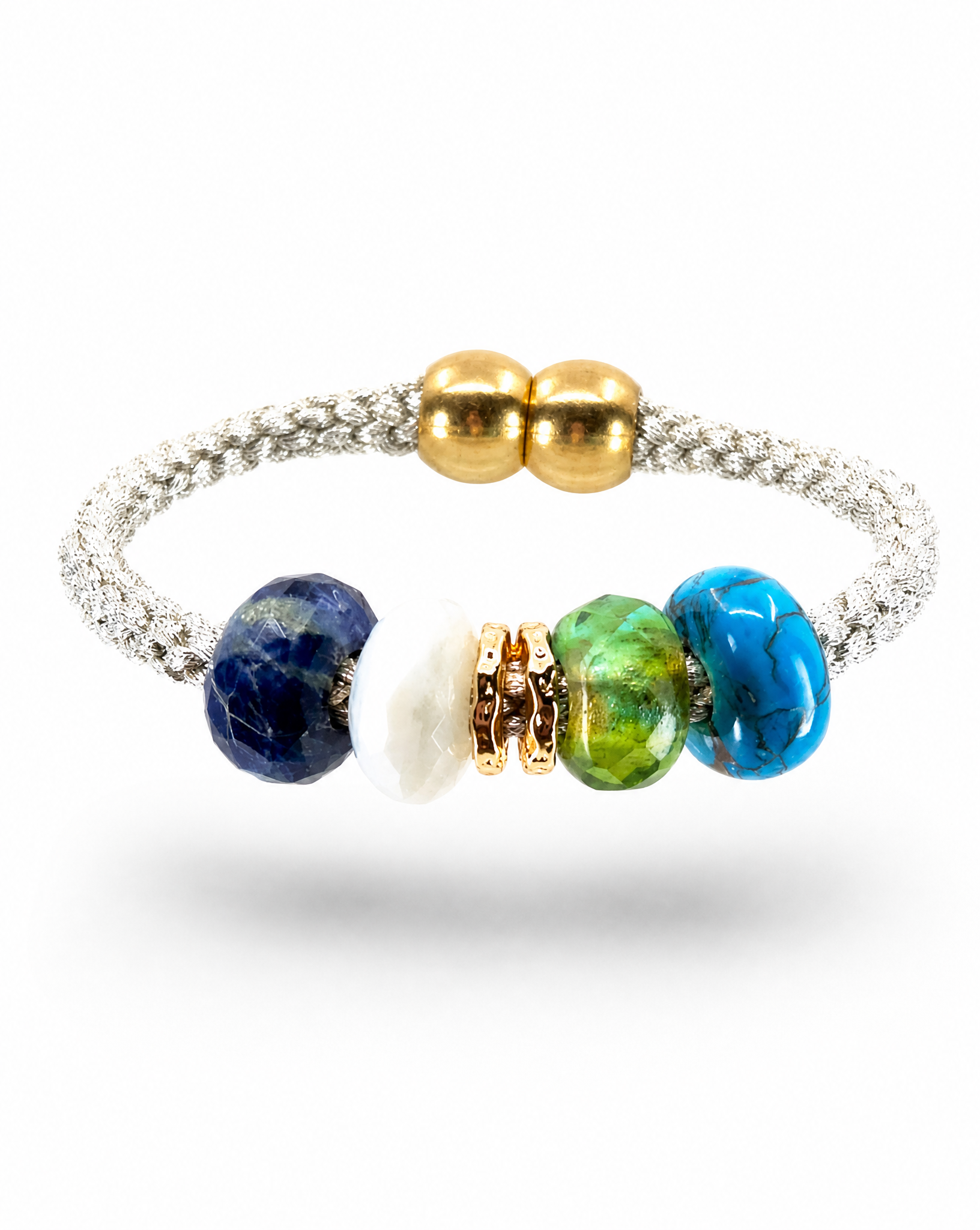 A silver braided beaded bracelet featuring a double gold bead closure, a blue lapis lazuli, a white stone, a green stone, and a blue turquoise bead.
