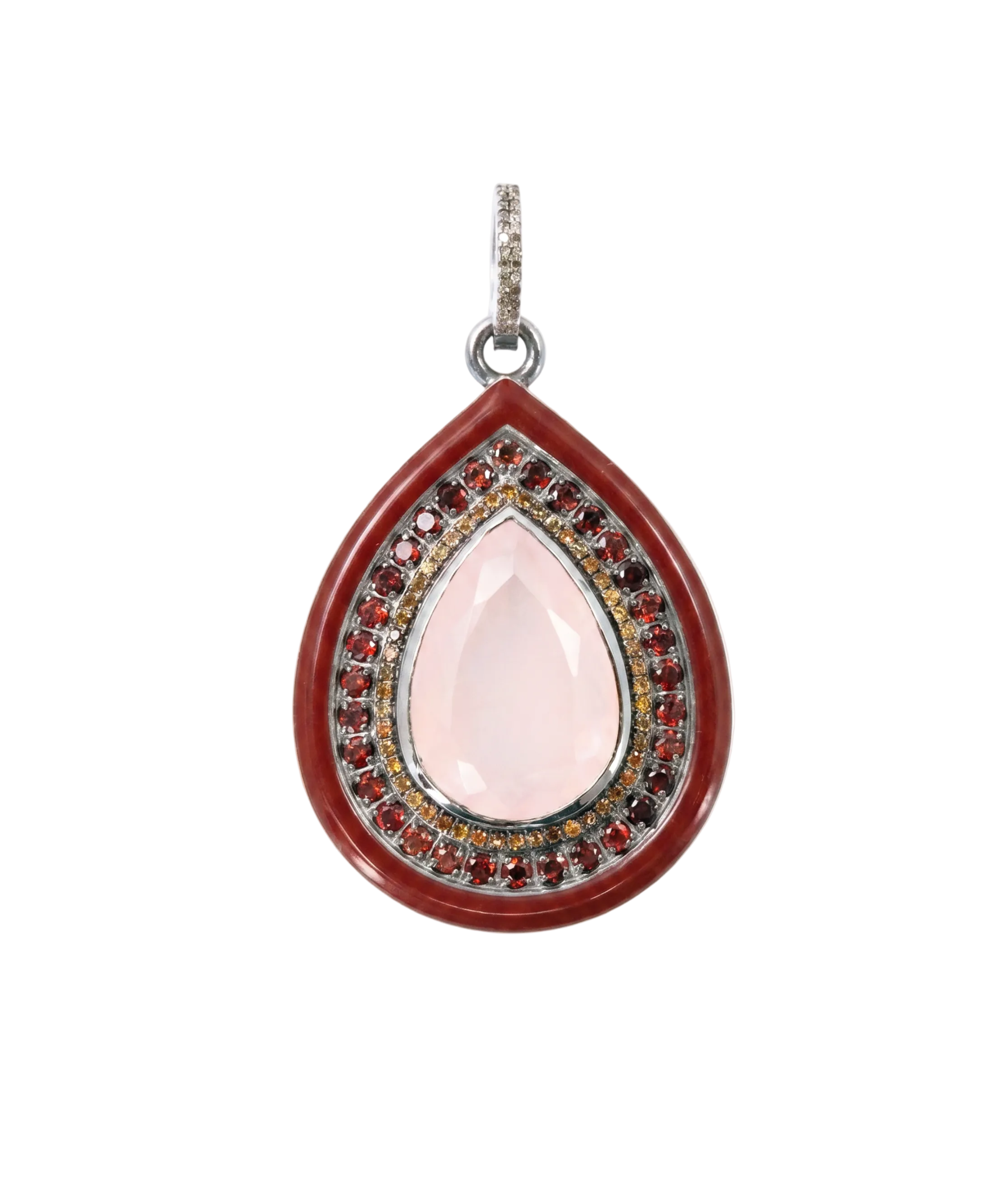 Teardrop-shaped pendant with pink center and red border on a white background