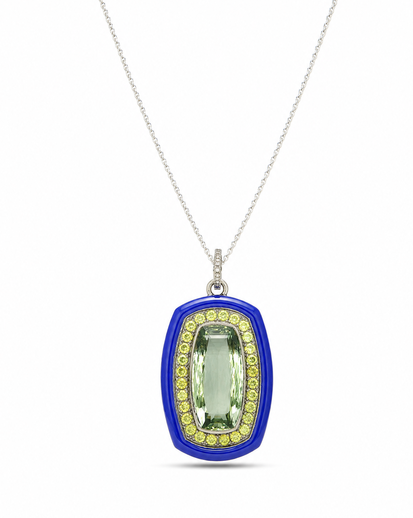 Necklace with a pendant featuring a green gemstone and blue border on a white background