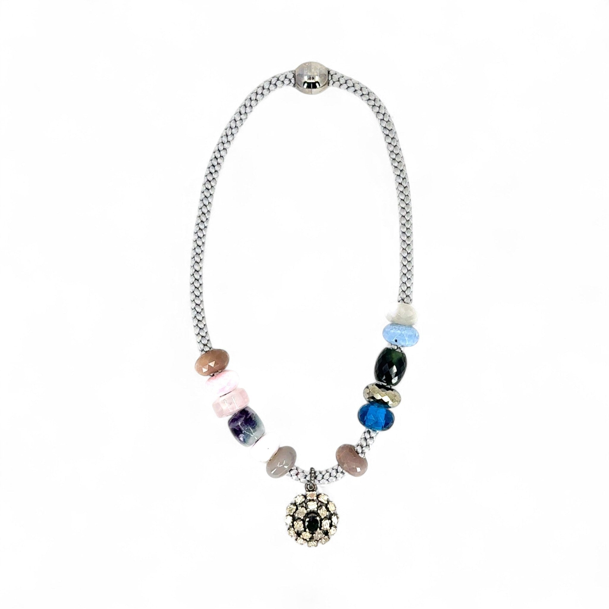 HEILI ROCKS beaded silk cord necklace with multi-colored gemstones and a crystal pendant. Handmade and unique.