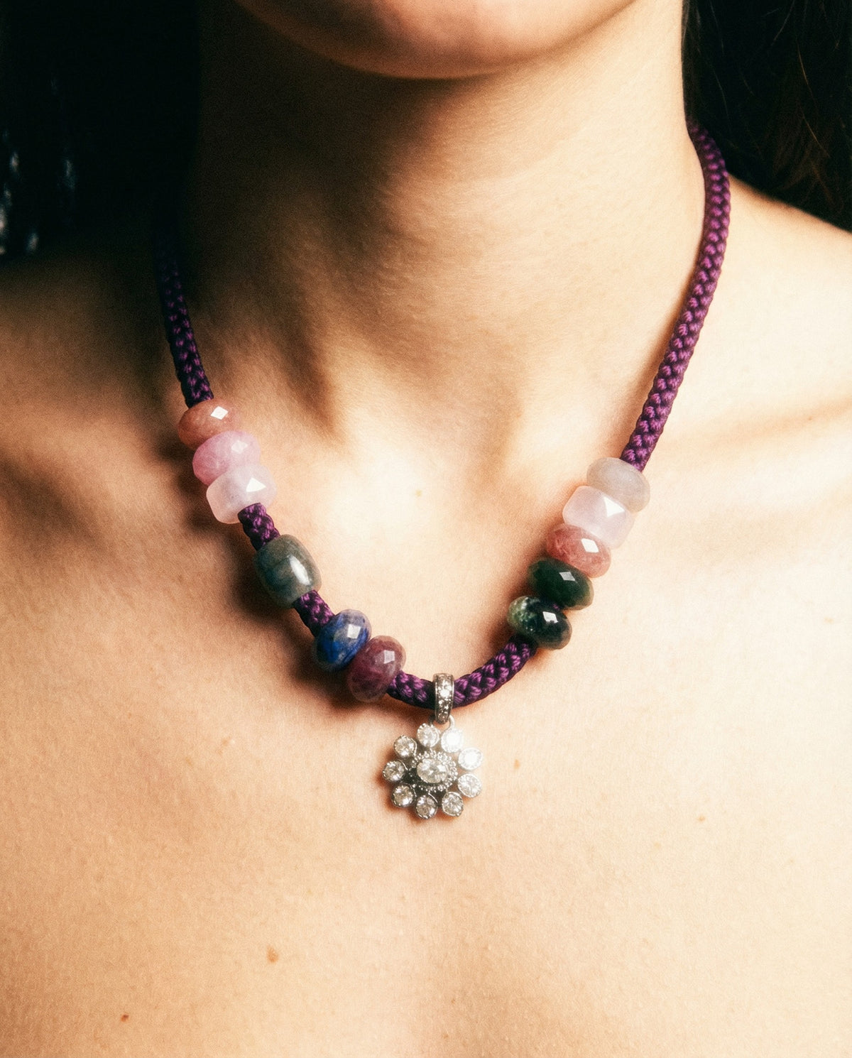 HEILI ROCKS beaded silk cord necklace with multi-colored gemstones and a floral diamond pendant.