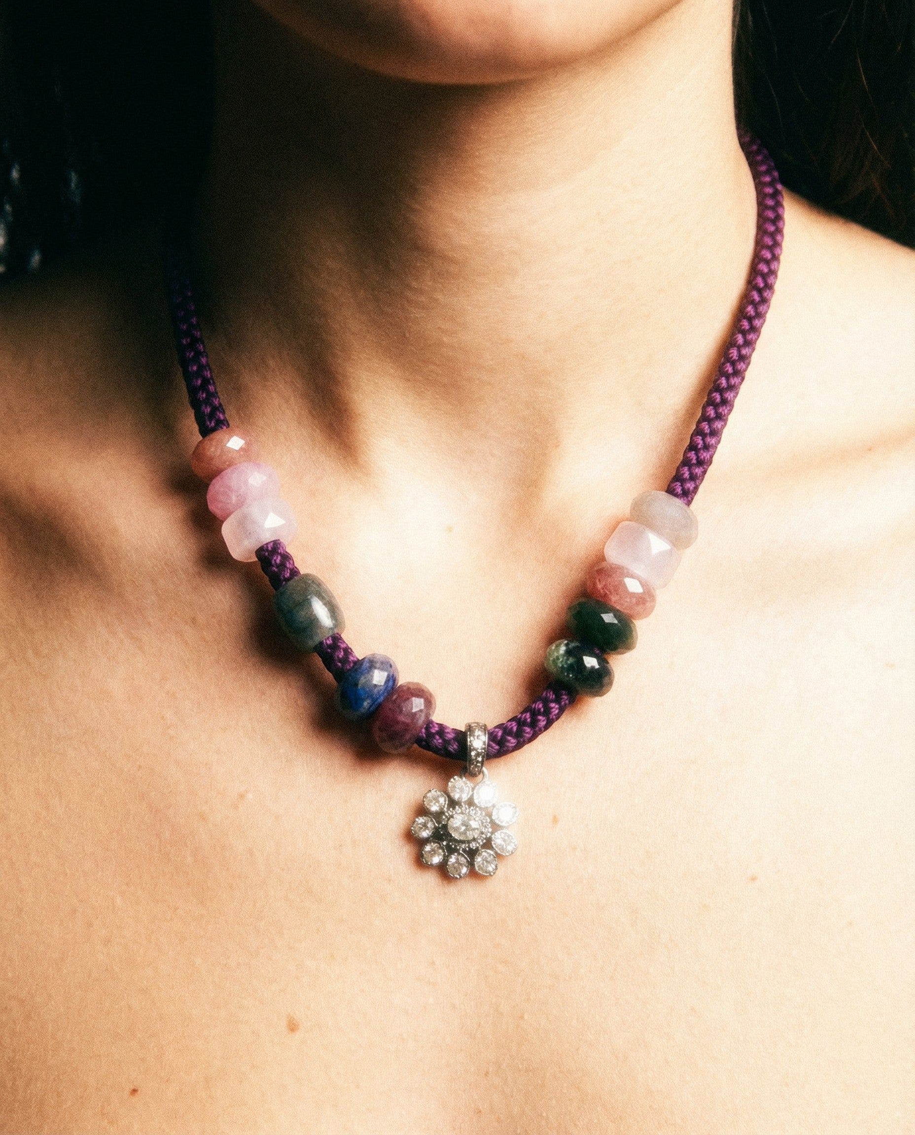 HEILI ROCKS beaded silk cord necklace with multi-colored gemstones and a floral diamond pendant.