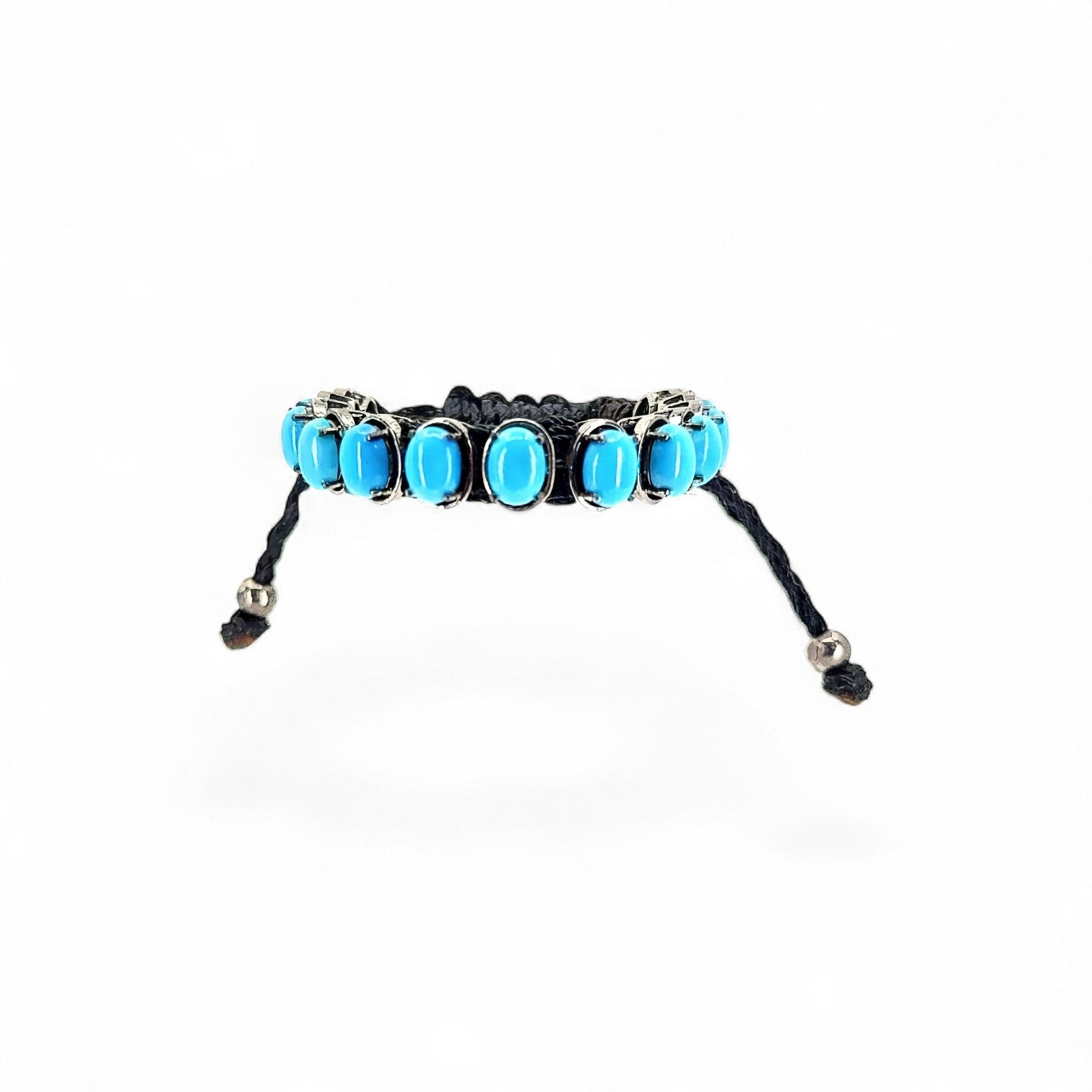 HEILI ROCKS blue turquoise oval gemstone sterling silver bracelet with adjustable black cord.
