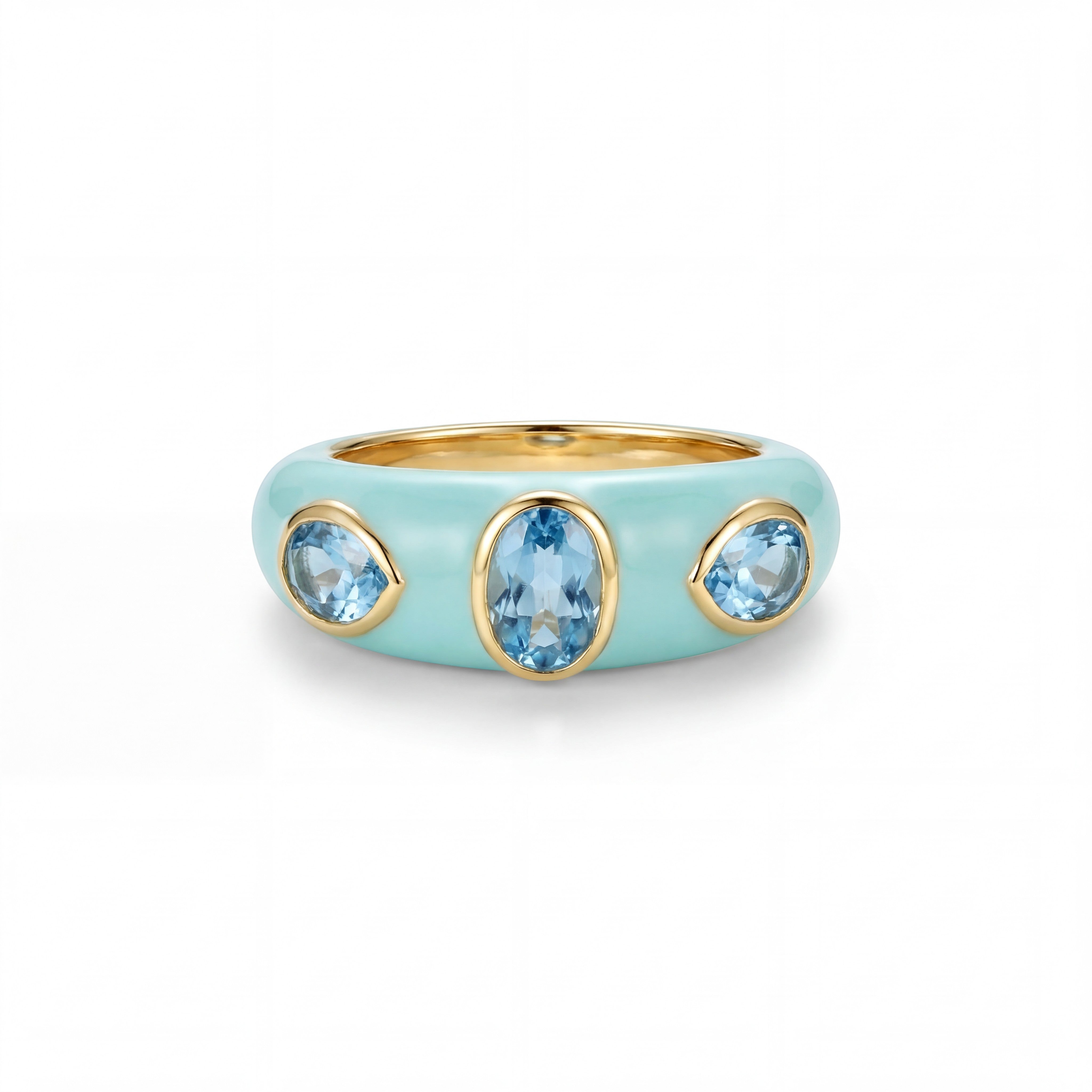 HEILI ROCKS Callais ring with light blue enamel band and three oval blue gemstone cabochons set in sterling silver.