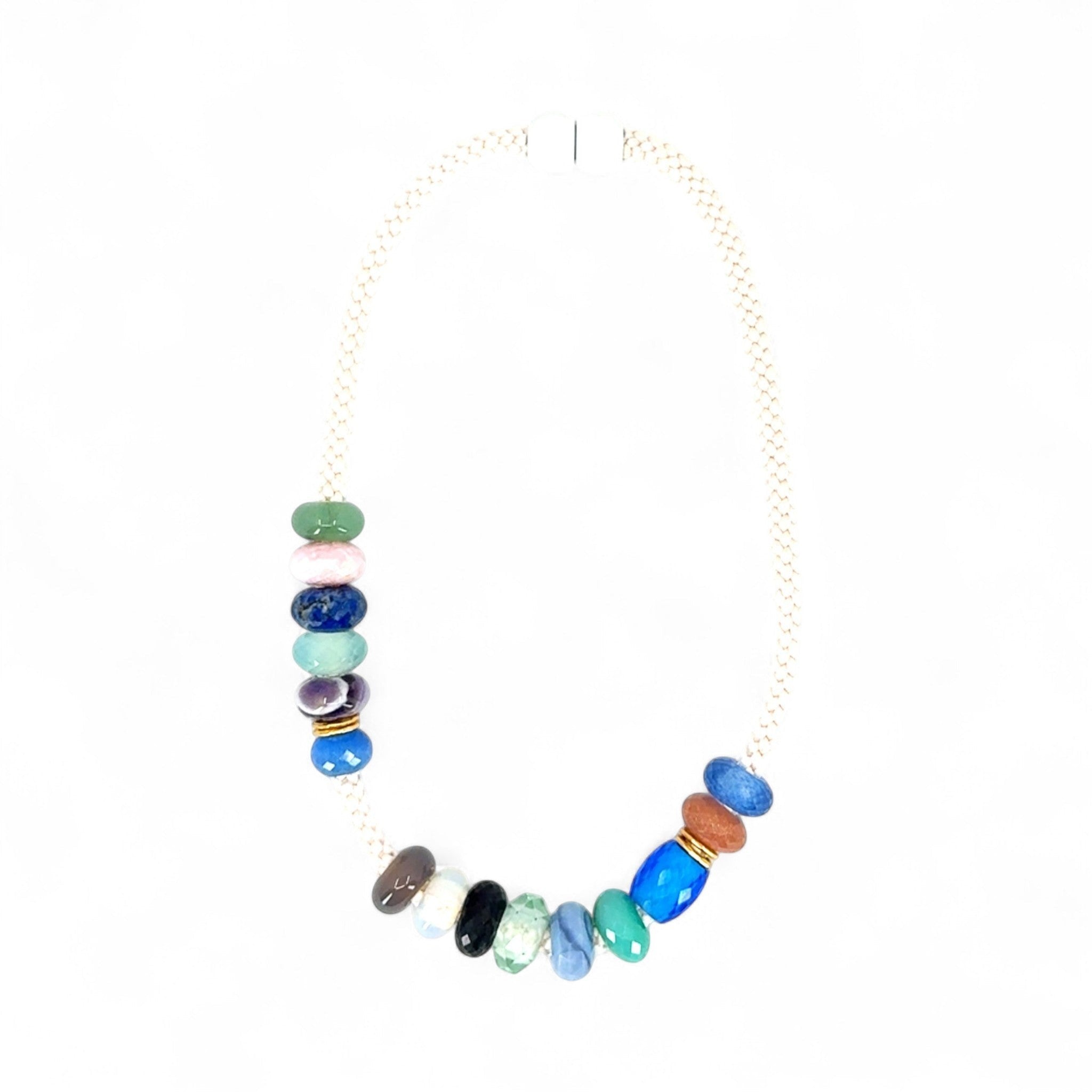 HEILI ROCKS multi-gemstone beaded silk cord necklace with a braided cord and unique, colourful stones.