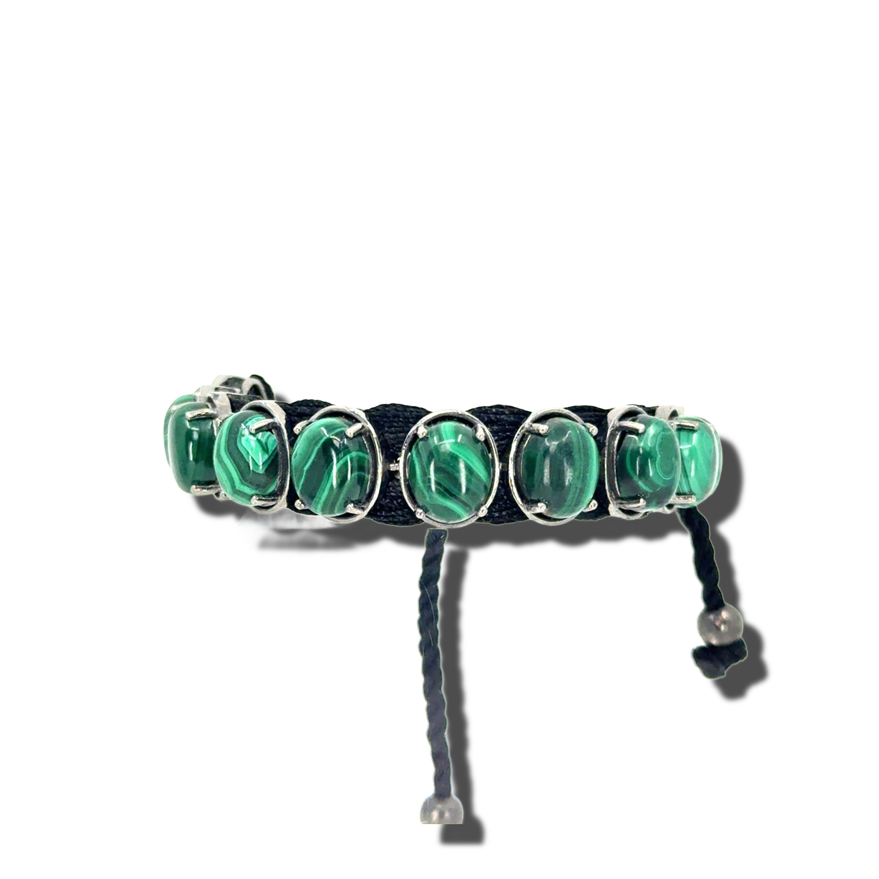 HEILI ROCKS Reef Bracelet with oval malachite gemstones set in sterling silver on adjustable black cord.