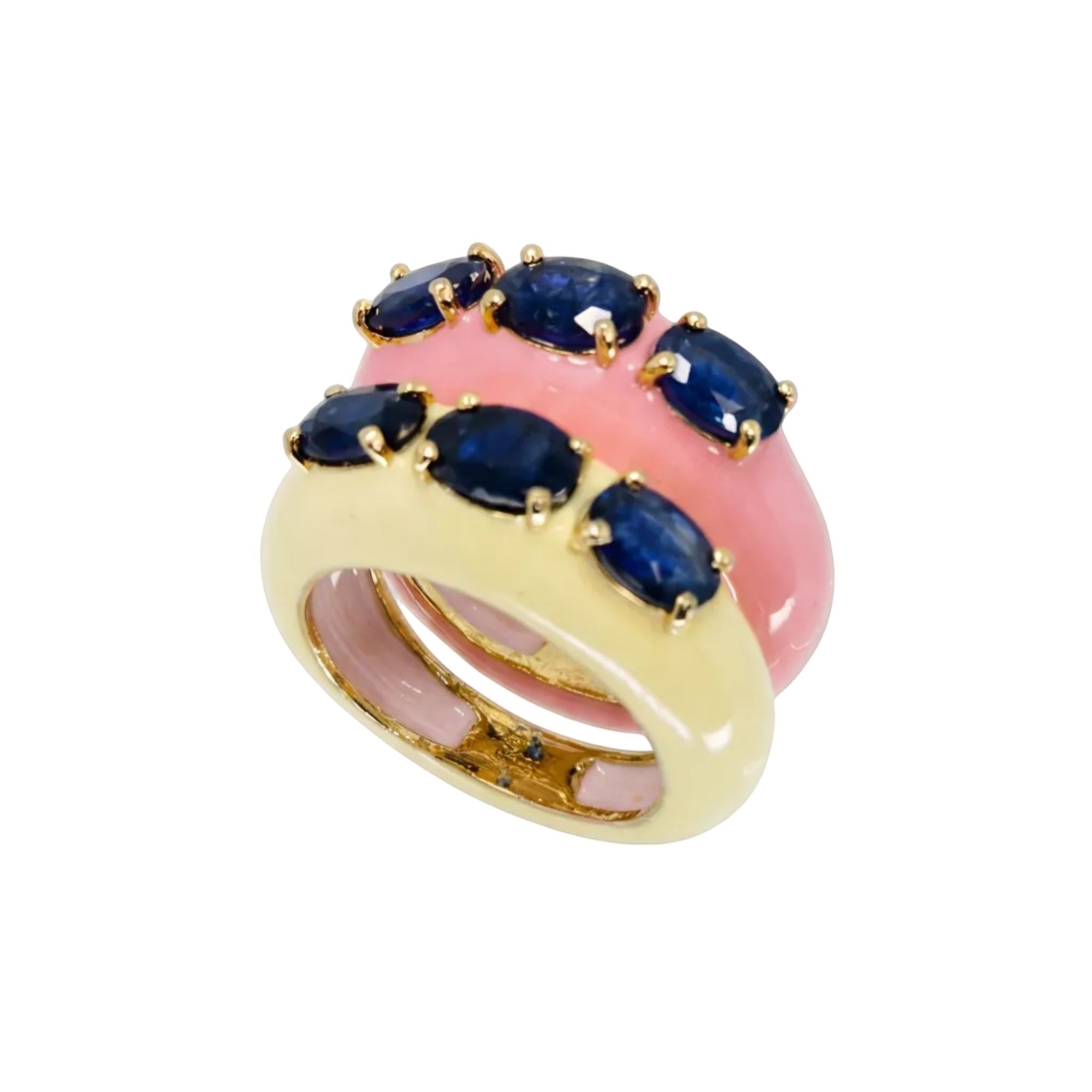 HEILI ROCKS Trio Ring with three blue sapphires on a pink and yellow enamel band, sterling silver setting.