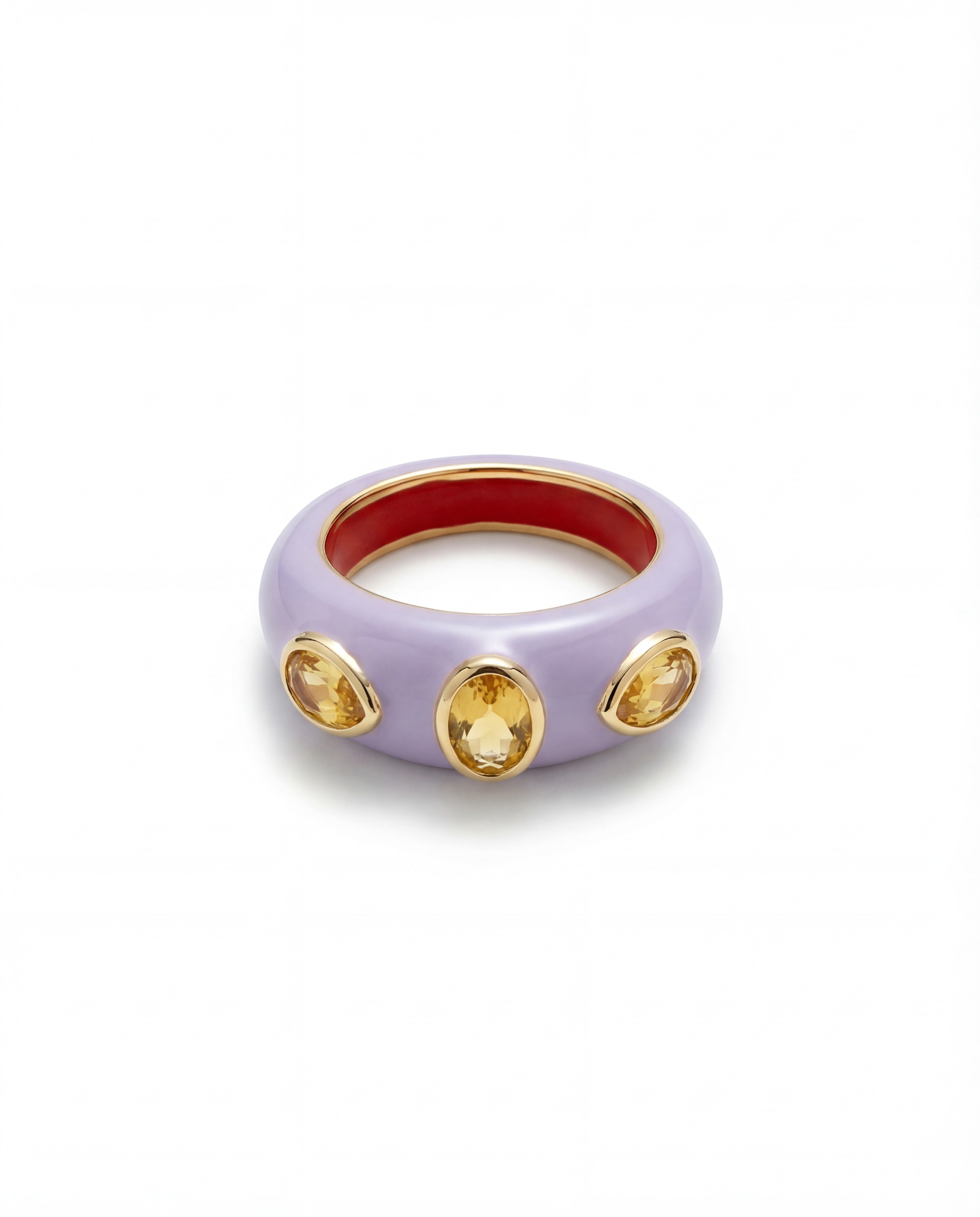 HEILI ROCKSH CALLAIS RING: lavender enamel band with three oval yellow gemstones and a red interior, sterling silver setting.