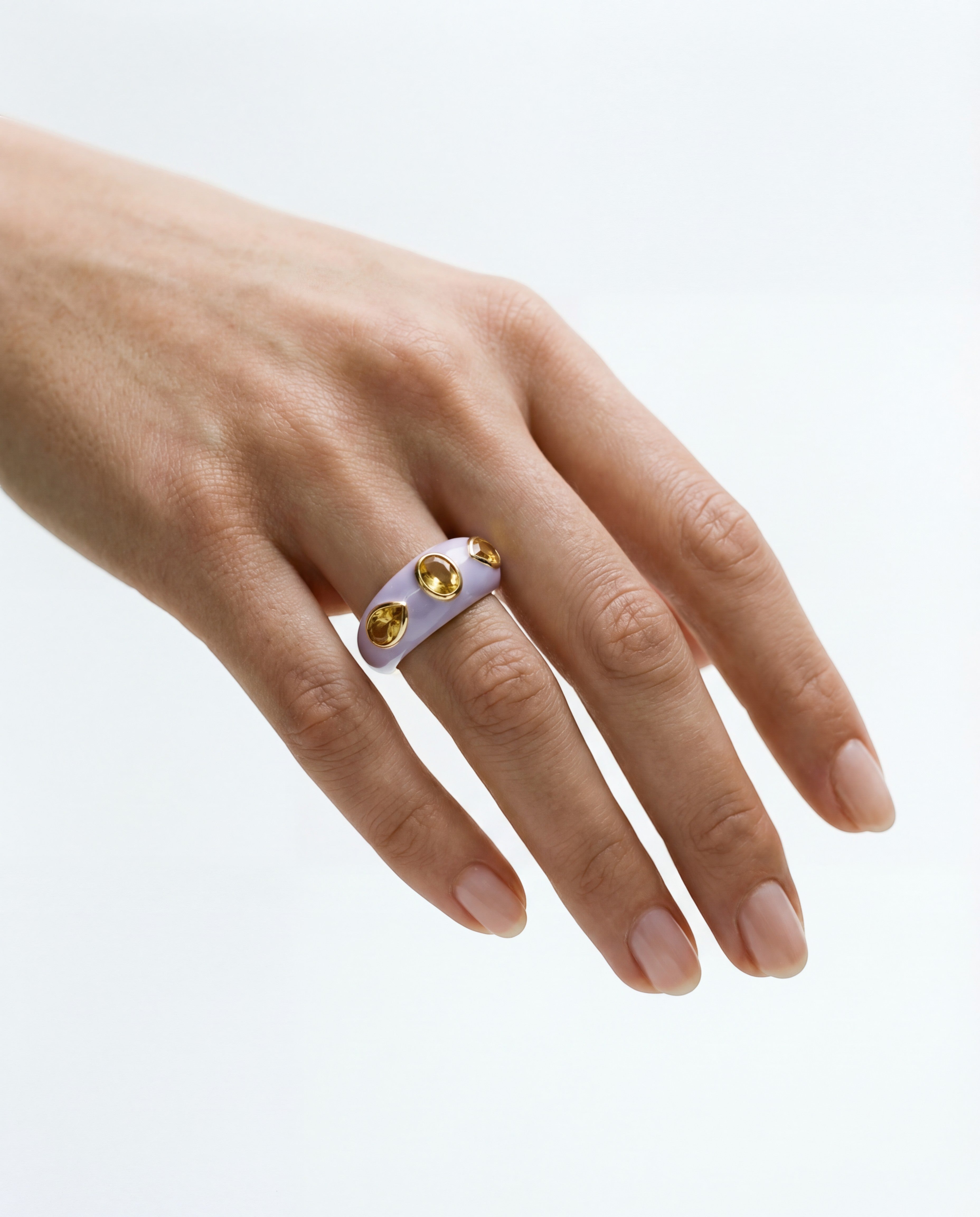 HEILI ROCKSH CALLAIS RING: lavender enamel band with three yellow gemstone cabochons, sterling silver setting.