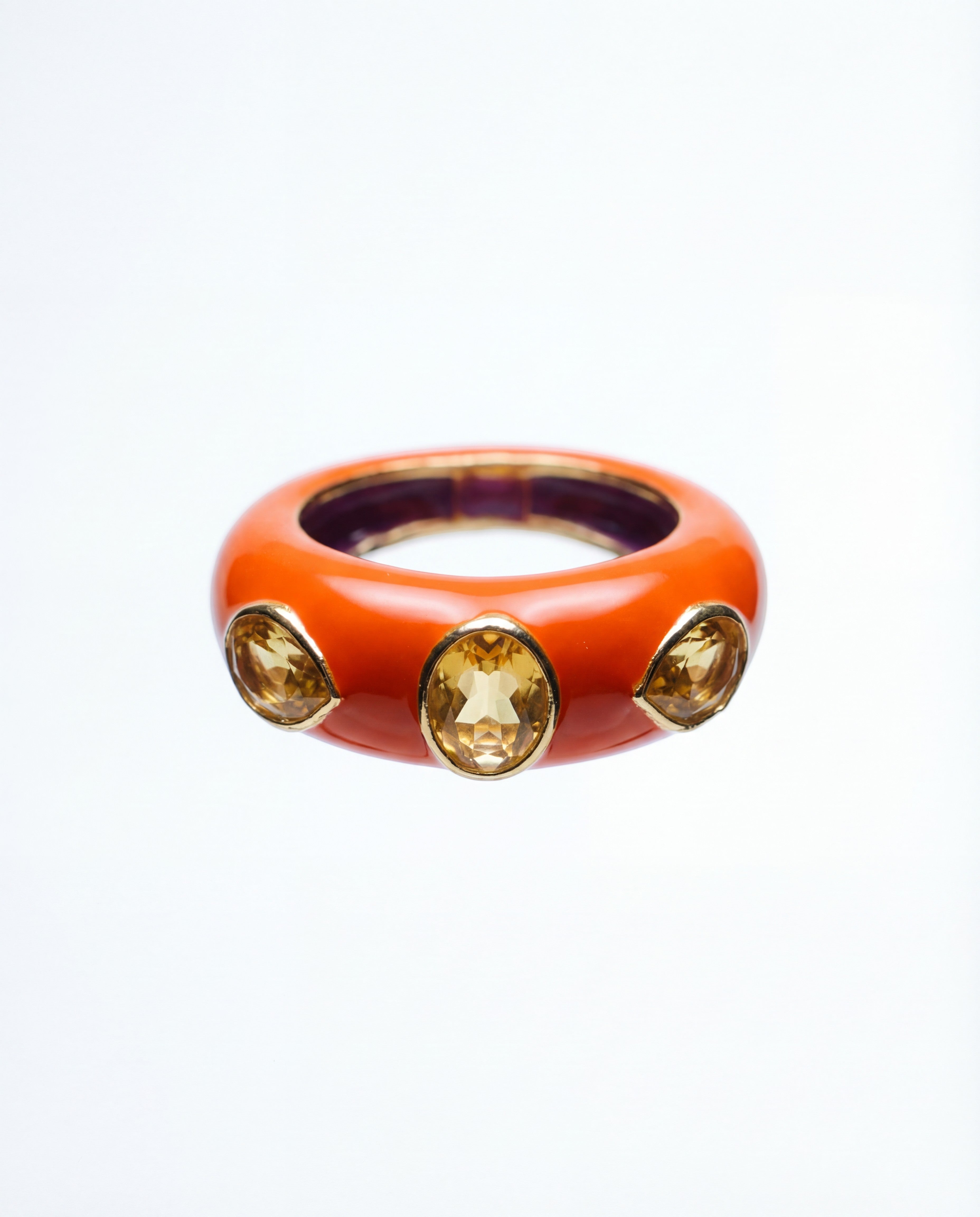 HEILI ROCKSH CALLAIS RING: Orange enamel band with three yellow gemstone cabochons set in sterling silver.
